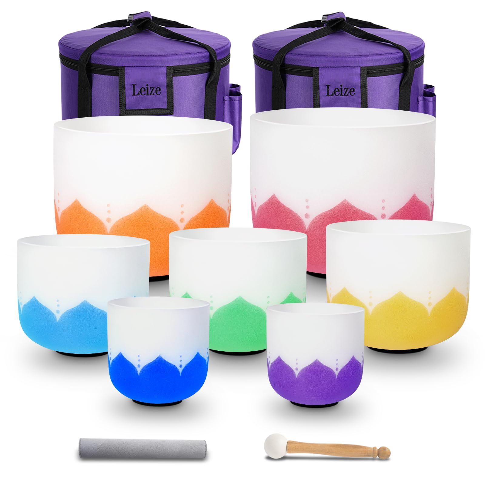 Leize 6-12 inch Lotus Design Chakra Tuned 432hz Set of 7 Quartz Crystal Singing Bowls with Heavy Duty Carrying Cases and Singing