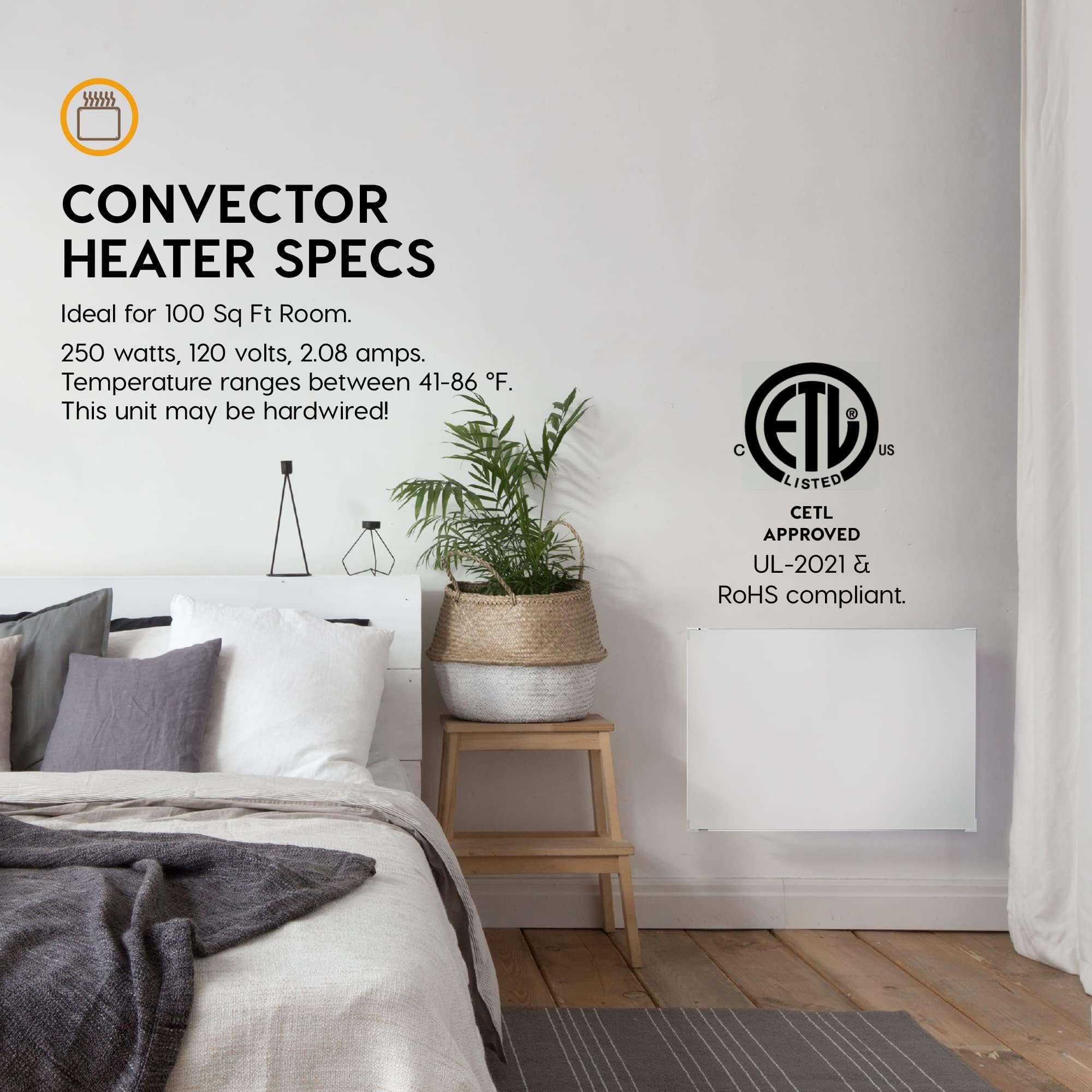 Econohome Wall Mount Space Heater Panel With Heat Guard   250 Watt Splashproof Convection Heater With Thermostat   Ideal For 100