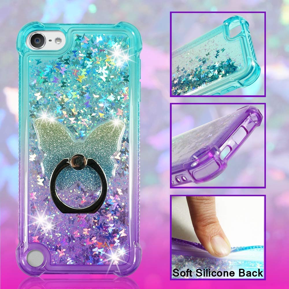 Zase Design Case Compatible With Ipod Touch 7Th, 6Th, 5Th Gen Liquid Glitter Sparkle Bling Shockproof Cute Floating 3D Butterfli