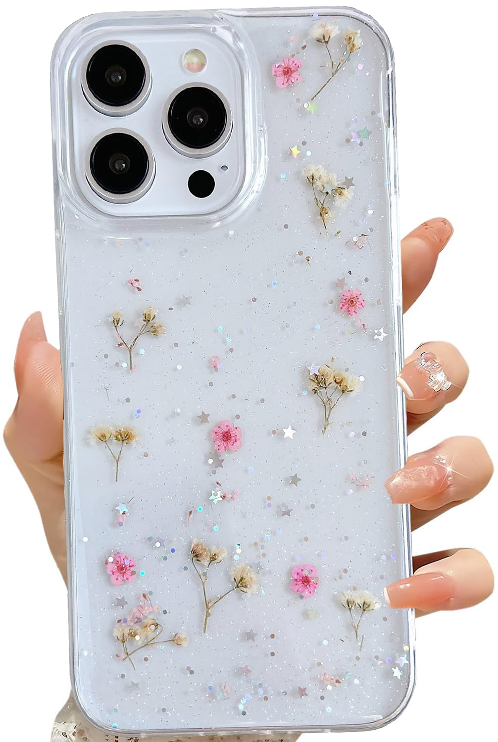 Lseeka For Iphone 15 Pro Max Clear Case With Pressed Real Flowers Design,Glitter Cute Pink Floral Pattern Slim Soft Tpu Protecti