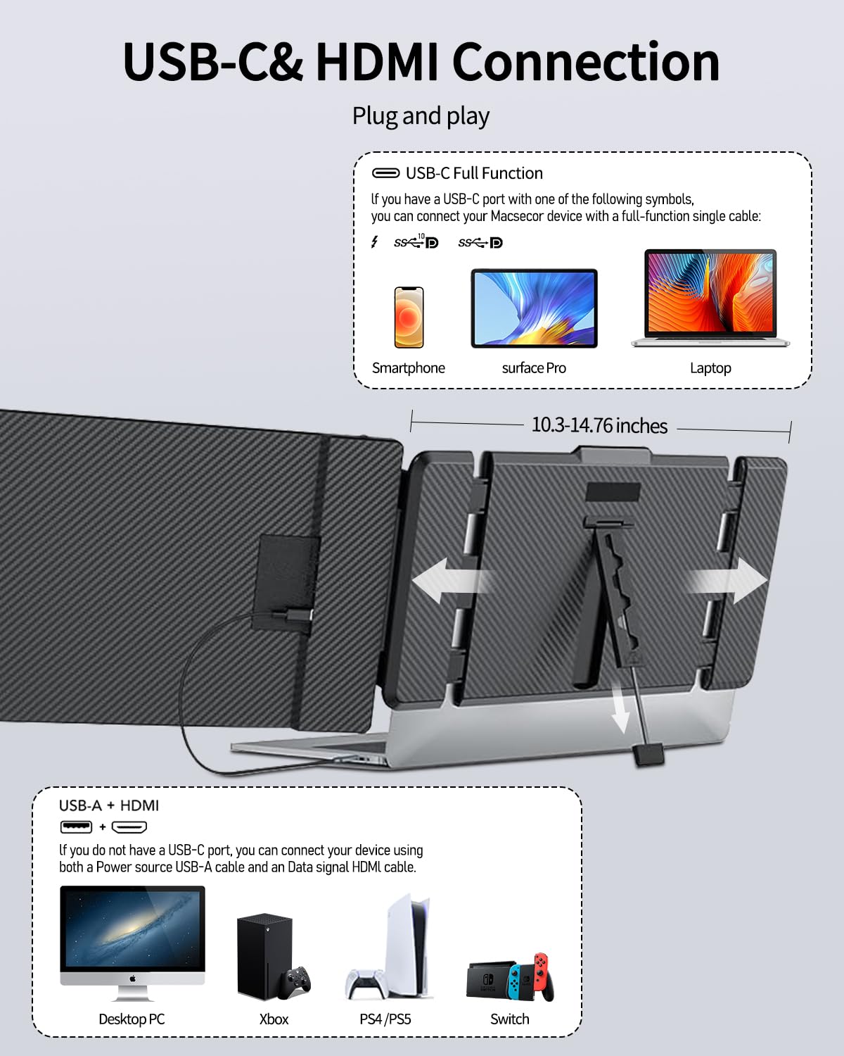 Macsecor 14.1'' Laptop Screen Extender, 1080P Fhd Portable Monitor For Laptop Usb C Hdmi, Plug Play Laptop Monitor Extender For