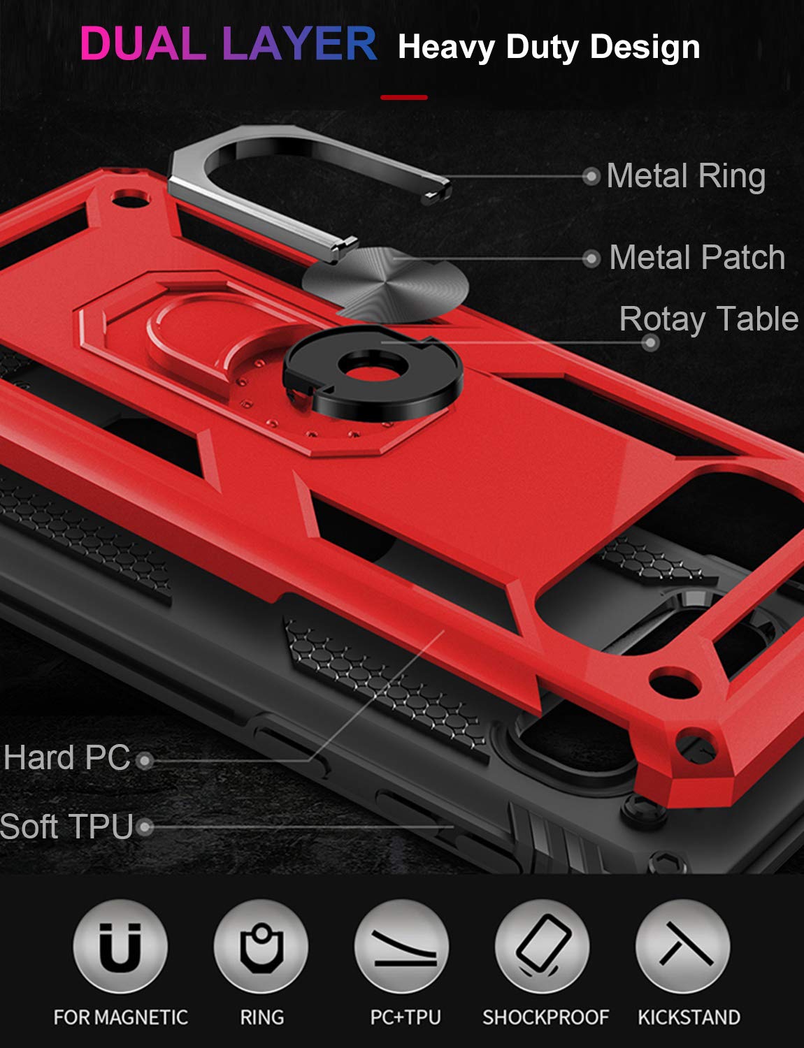 LUMARKE Galaxy S10+ Plus Phone Case Military Grade 16ft Drop Tested Magnetic Ring Kickstand Plastic Red