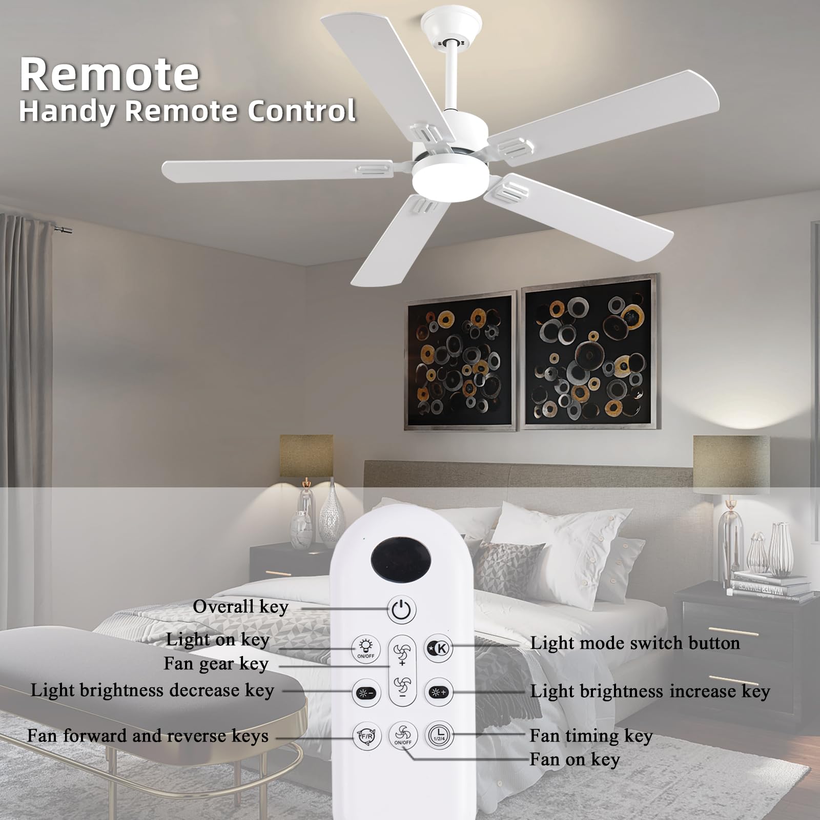 Fumltp 52 Inch Modern White Ceiling Fans With Lights App/Remote Control, Low Profile Reversible 6 Speeds Ceiling Fan Light For I
