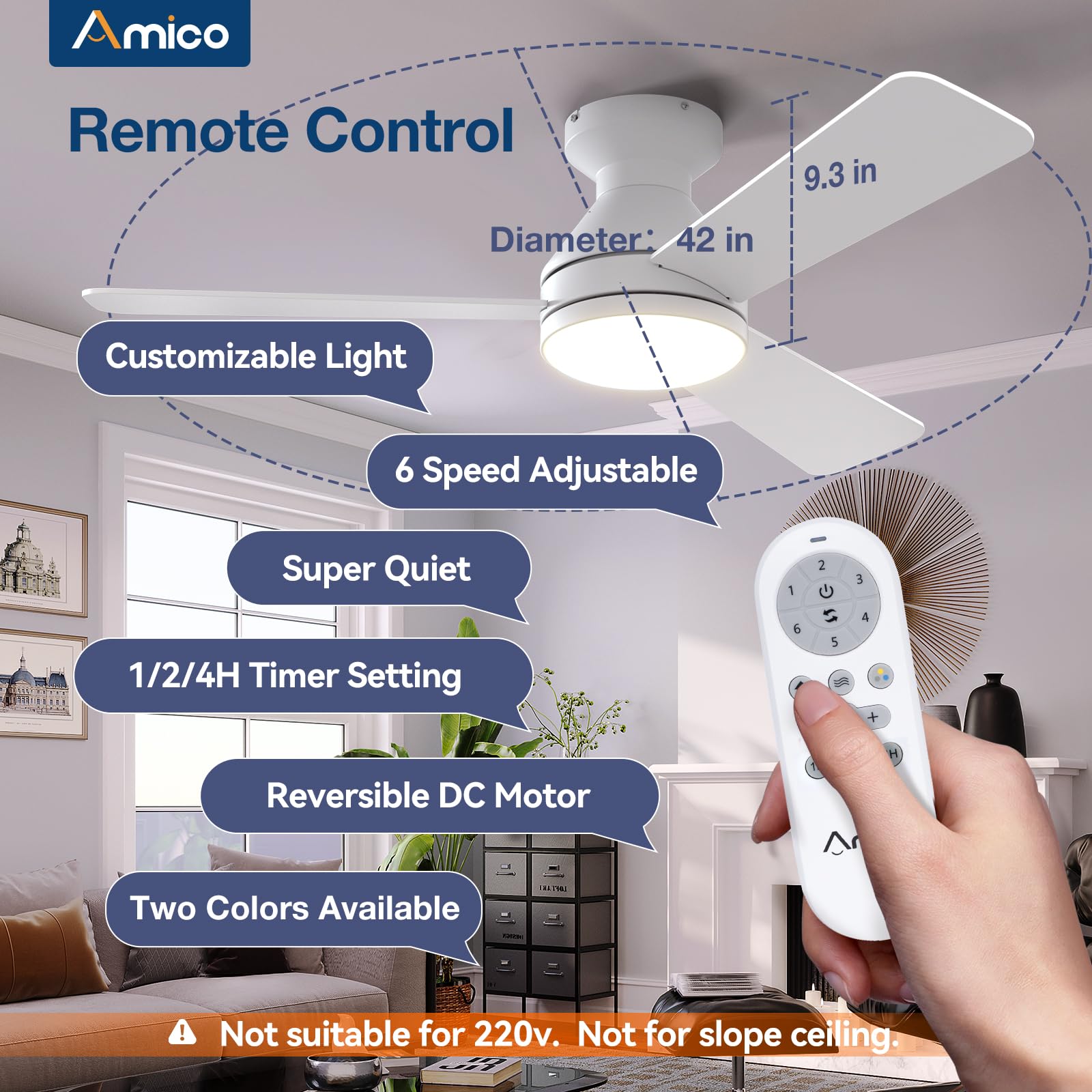 Amico Ceiling Fans With Lights, 42 Inch Low Profile Ceiling Fan With Light And Remote Control, Flush Mount, Reversible, 3Cct, Di