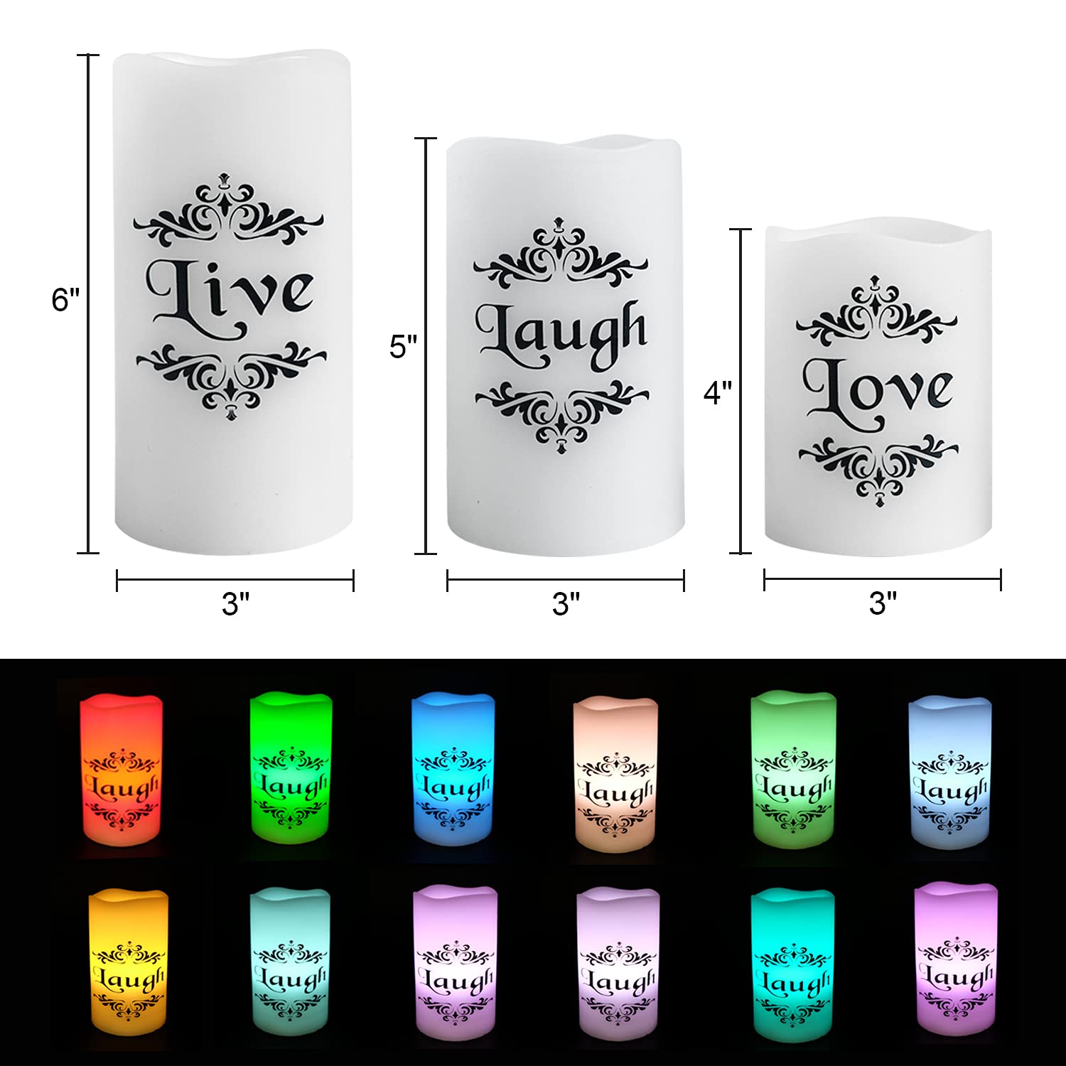 Dromance Color Changing Flameless Candles Battery Operated With 18 Key Remote Timer, 3 Pack Real Wax Live Love Laugh Decal Flick