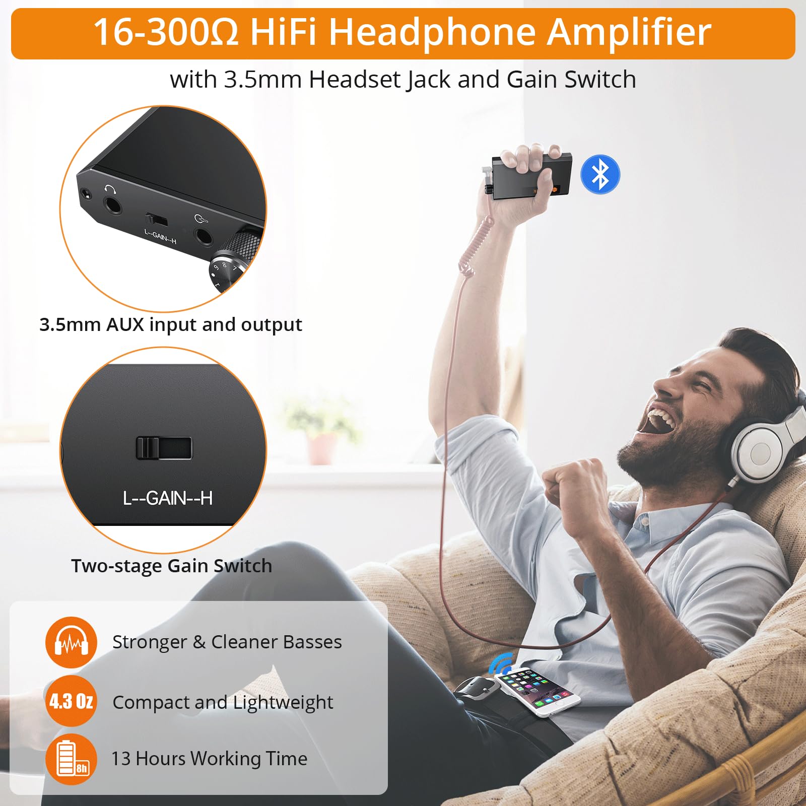 Neoteck Portable Headphone Amplifier Bluetooth 5.0 Receiver 16-300 Ohm Two-Stage Gain Aluminum Matte Gray
