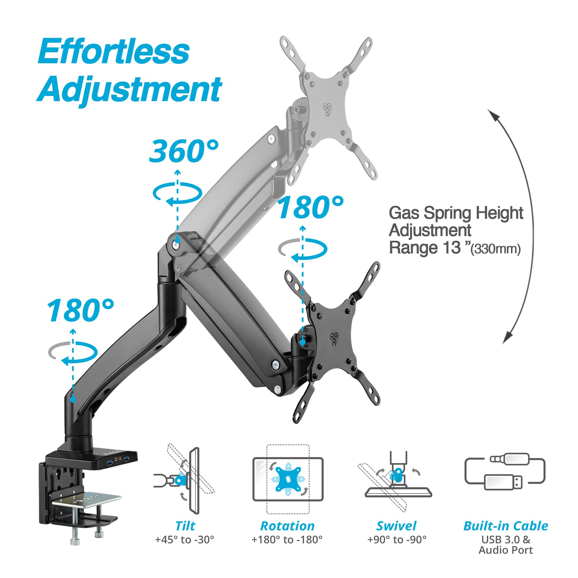 Avlt Single 17'' 49'' Super Ultrawide Monitor Arm For Screens Up To 50 Lbs, Premium Aluminum Desk Stand, Adjustable Pneumatic He