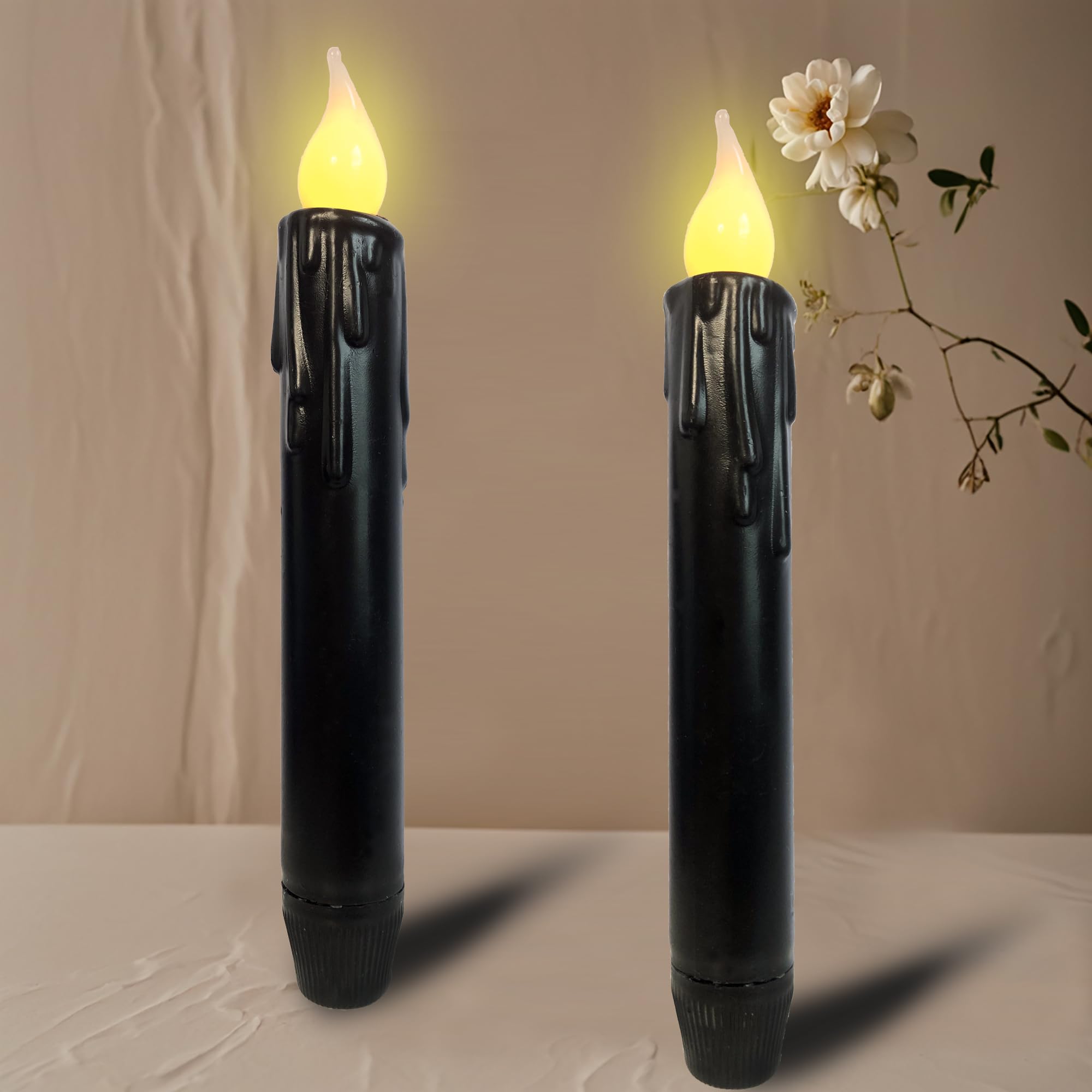 Lincountry.Primitive Wax Black Flameless Taper Candles Flickering Battery Operated Taper Candles With Timer,6.75 Inch 3D Wick 2