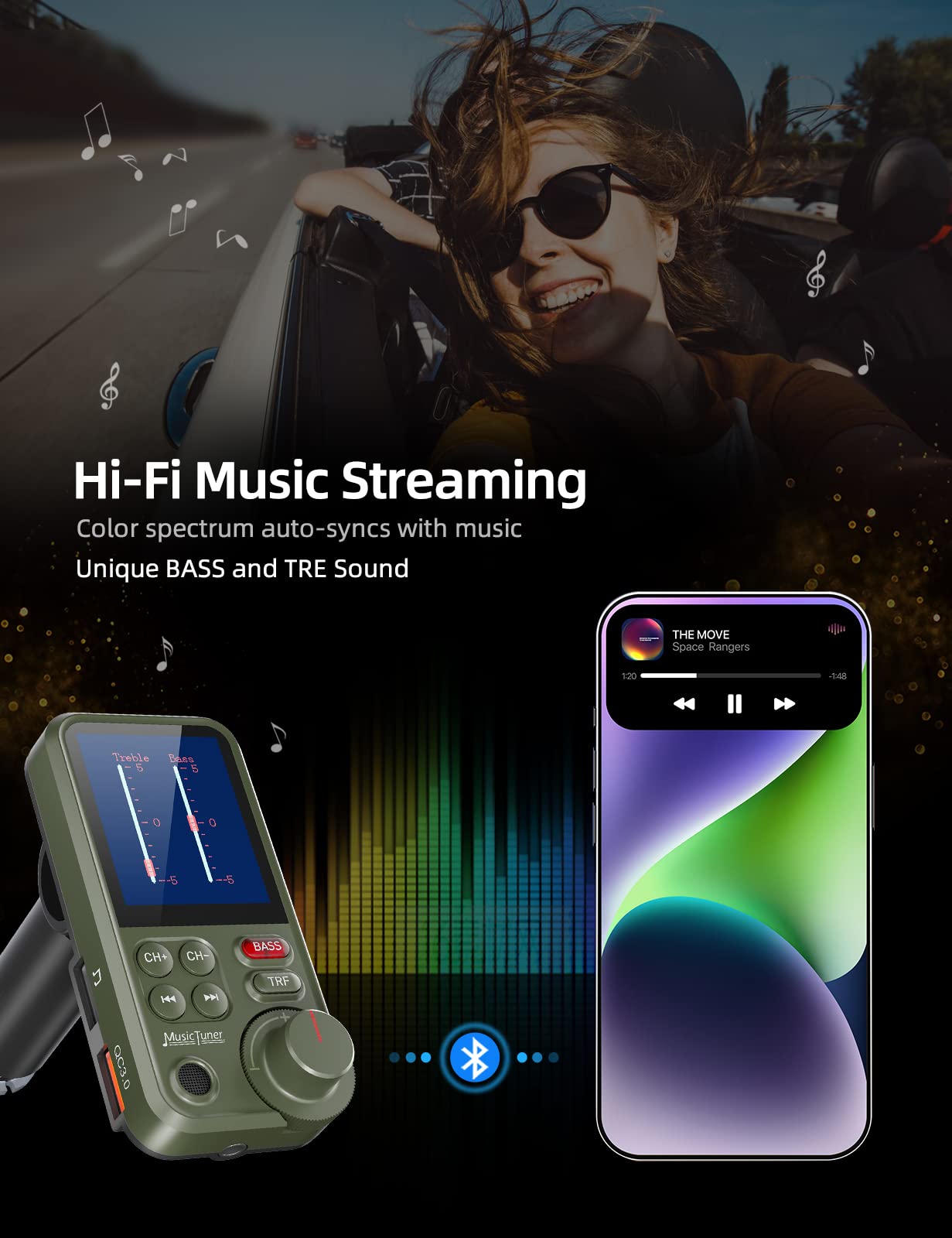 Nulaxy Fm Bluetooth Transmitter For Car, Strong Microphone Bluetooth Car Adapter With 1.8' Color Screen For Hands Free Calls, Supports Qc3.0 Charging, Treble And Bass Sound Music Player  Km30 Green