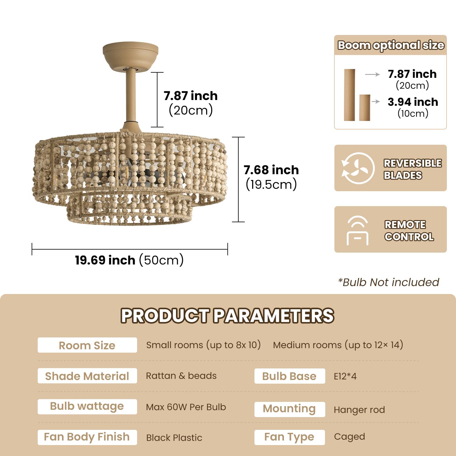 Hummingbird Ceiling Fan With Light And Remote, 20'' Fandelier Ceiling Fan With Light, Boho Caged Ceilings Fan With Lights Flush