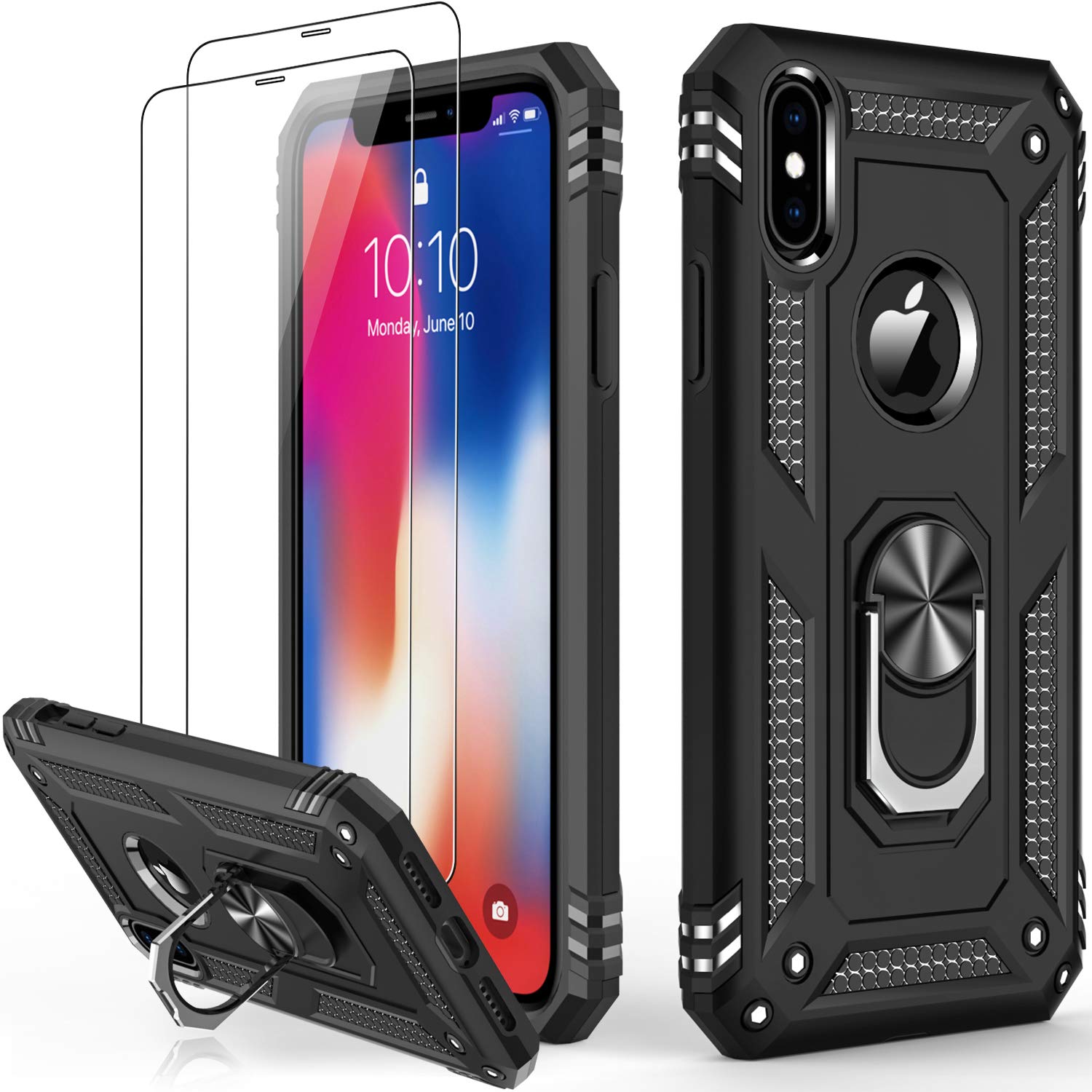 LUMARKE iPhone Xs Max Case Military Grade 16ft Drop Tested Magnetic Ring Kickstand Plastic Black