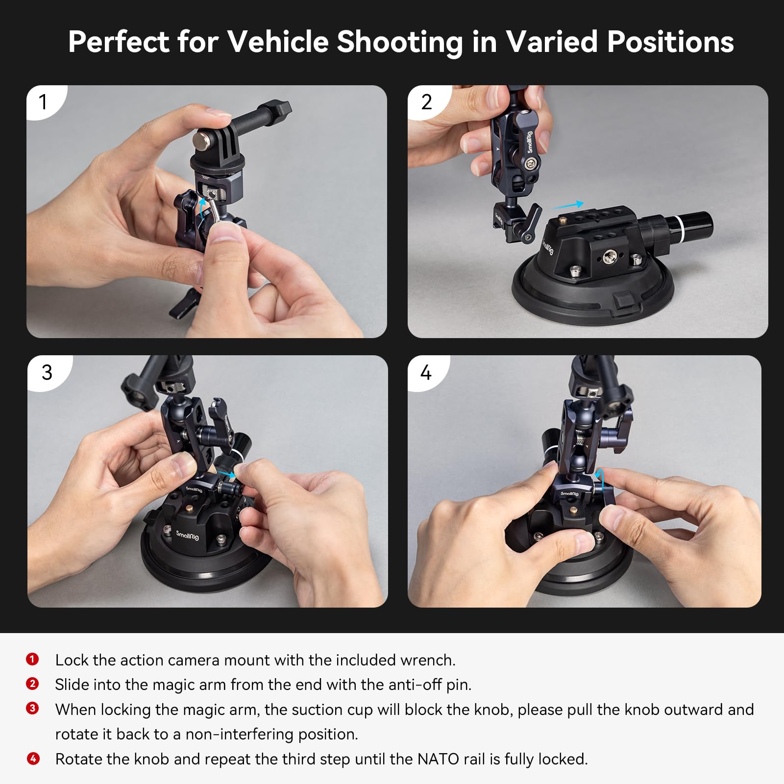 Smallrig 4 Camera Suction Mount With Ball Head Magic Arm, Car Mount For Lightweight Camera/Action Camera/Phone, Air Pump Vacuum