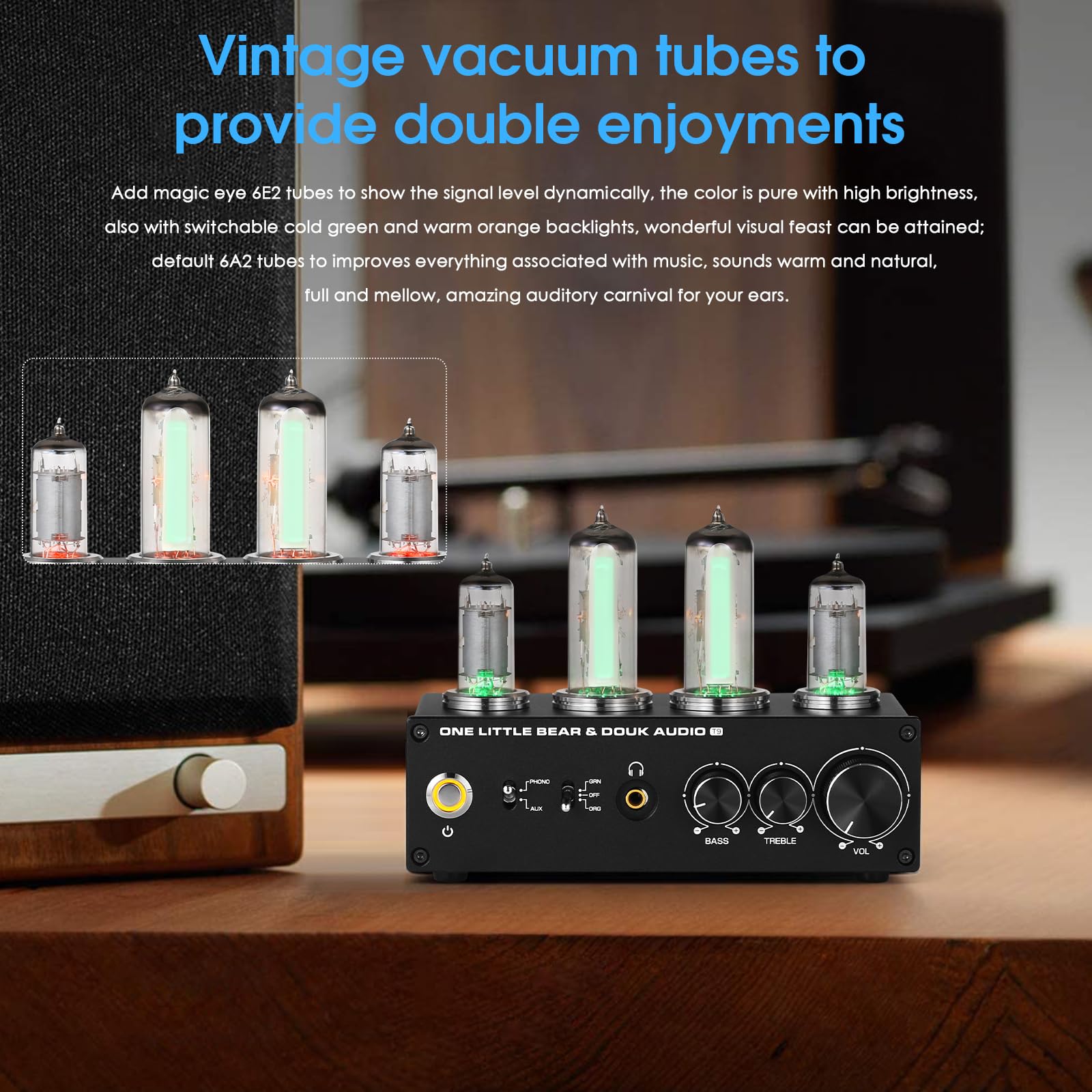 Douk Audio T9 Vacuum Tube Phono Preamp Stereo Turntable Preamplifier With Headphone Output And Treble Bass Control For Mm/Mc Rec