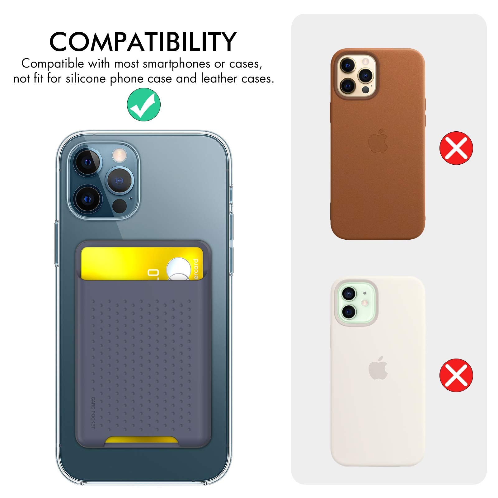 Ahastyle Phone Card Holder Stick On, Slim Phone Wallet Strong Adhesive Silicone Credit Card Pouch Sleeve Compatible With Iphone/