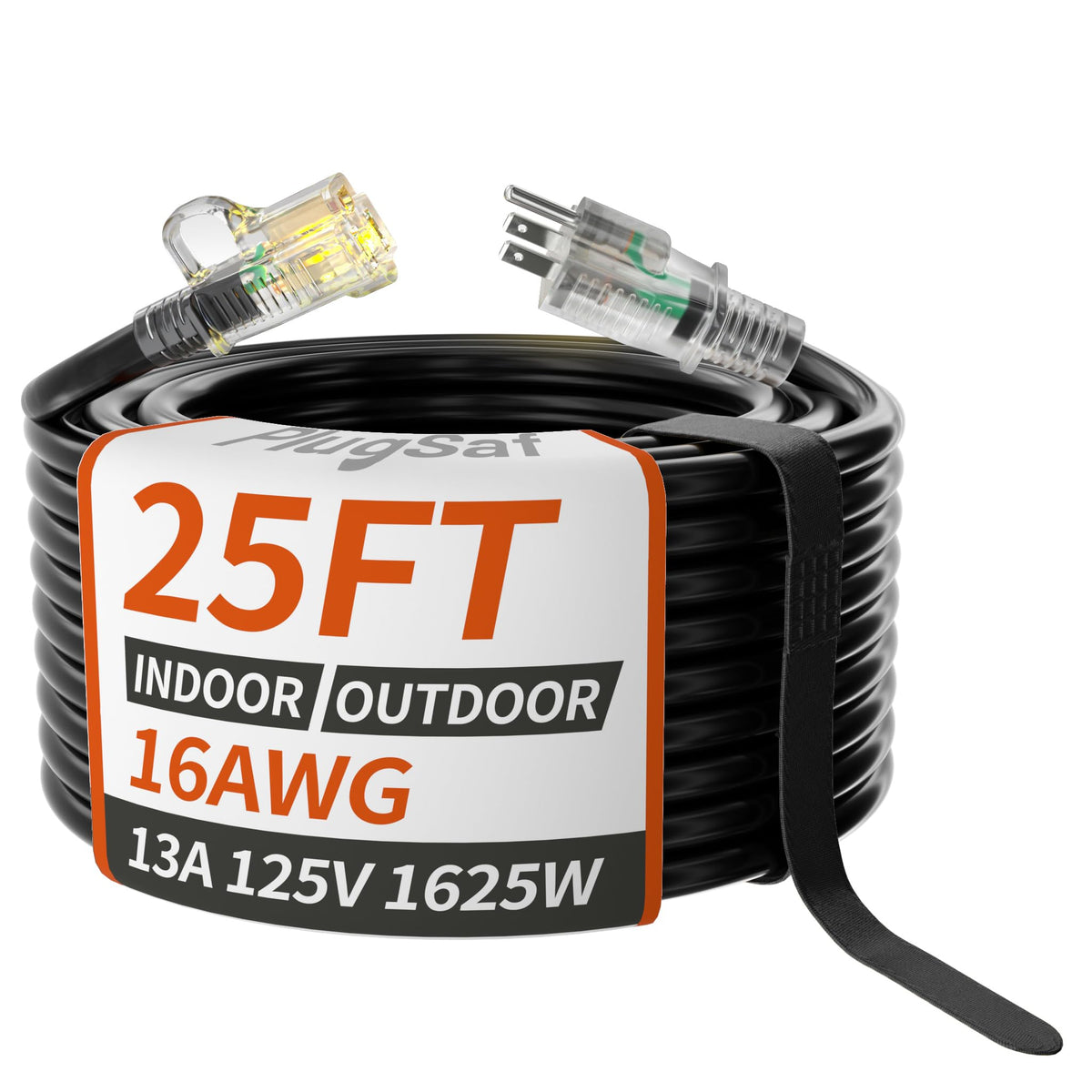 Plugsaf 16/3 Gauge Black Outdoor Extension Cord 25 Ft Waterproof With Lighted Indicator, Cold Weatherproof  40C, Flexible 3 Pron