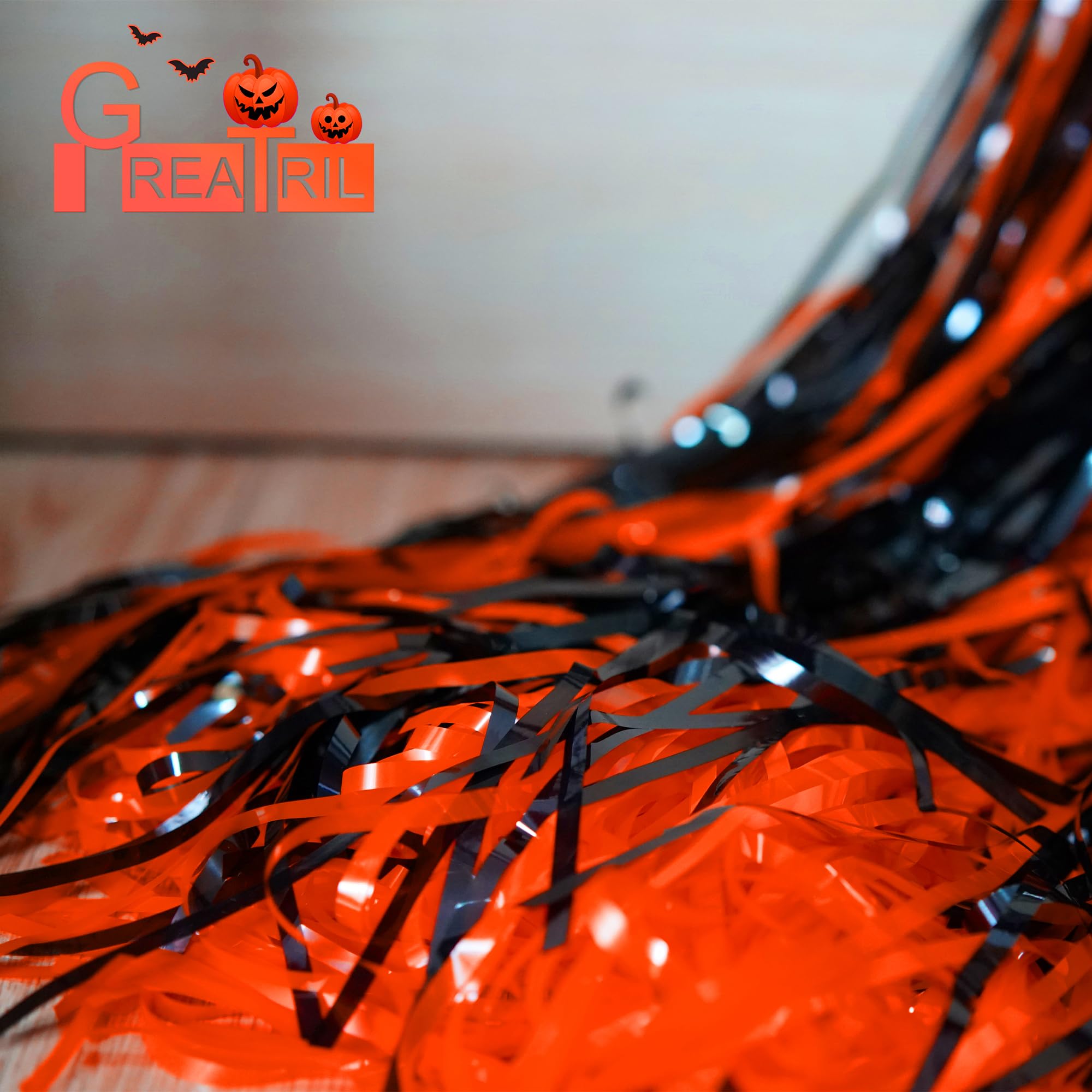 Black Orange Streamers Party Backdrop   Greatril Tinsel Fringe Curtain For Halloweens/Pumpkin/Birthdays Party Decoration   3.2Ft