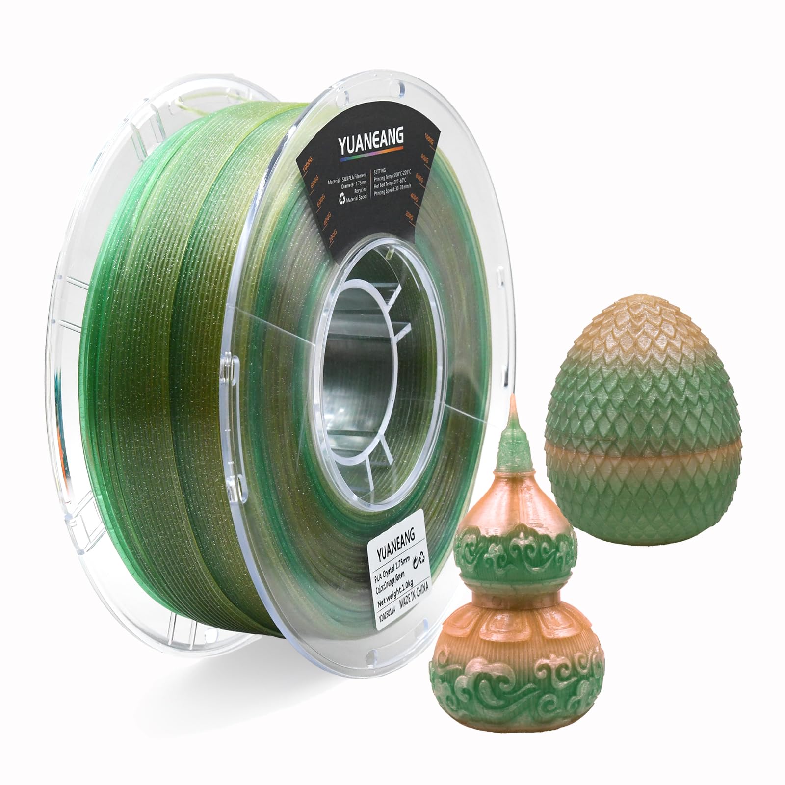 YUANEANG Crystal Orange-Green Gradient PLA Filament 1.75mm, 1kg Spool, Dual-Color Transition (Orange to Green), Semi-Transparent