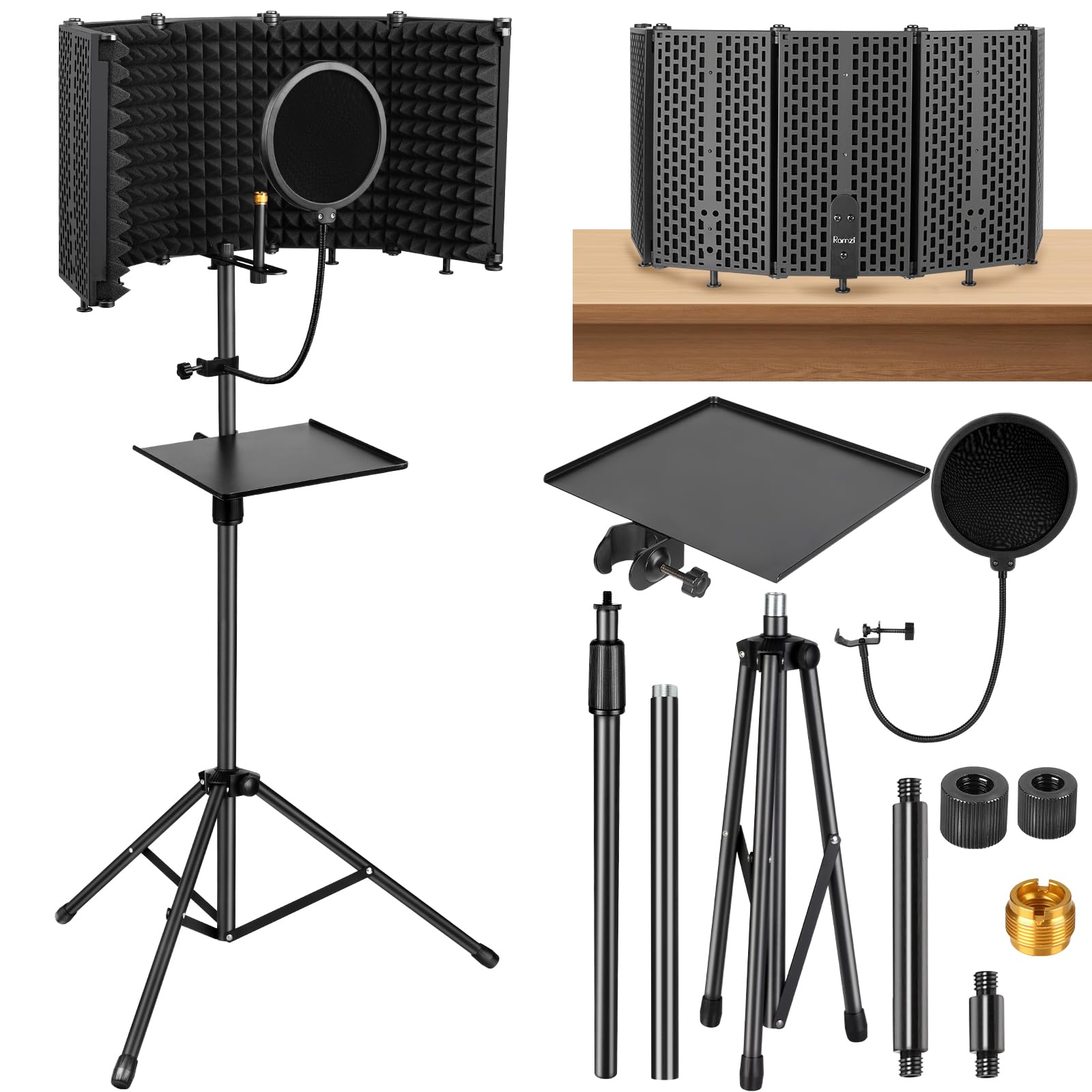 Microphone Stand With Isolation Shield,Recording Studio Equipment With Pop Filter,Tripod Stand, Foldable Mic Shield With Sound I