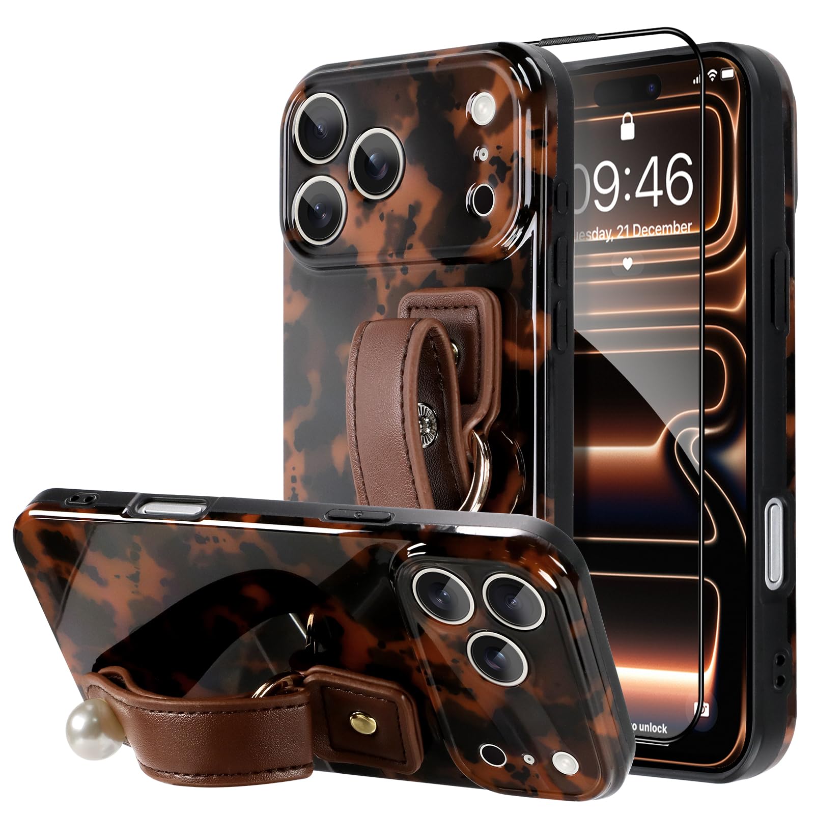 Wlxee Case for iPhone 17 Pro Max, Stylish Leopard with Strap Amber Design Slim & Shockproof Translucent Matte Brown Cover with w