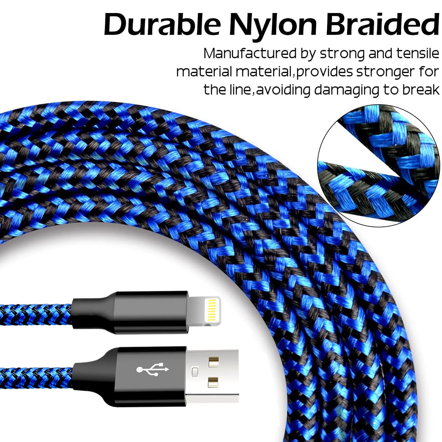 Cugunu Iphone Charger, 5 Pack 3/3/6/6/10Ft Apple Mfi Certified Usb Lightning Cable Nylon Braided Fast Charging Cord Compatible For Iphone 14/13/12/11/X/Max/8/7/6/5/Se/Plus/Ipad   Black Blue