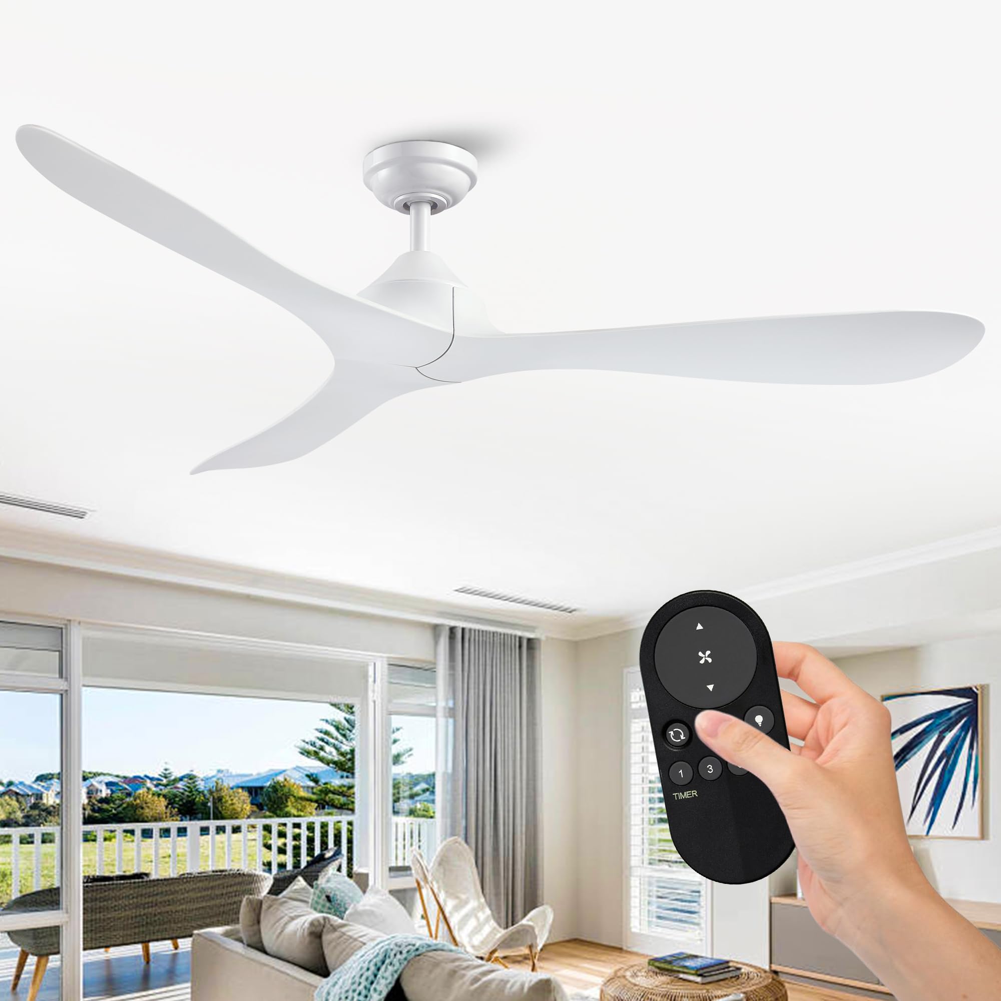White Ceiling Fan No Light with Remote 56 Inch Modern DC Motor Ceiling Fans without Lights for Bedroom Living Room, Outdoor Ceil