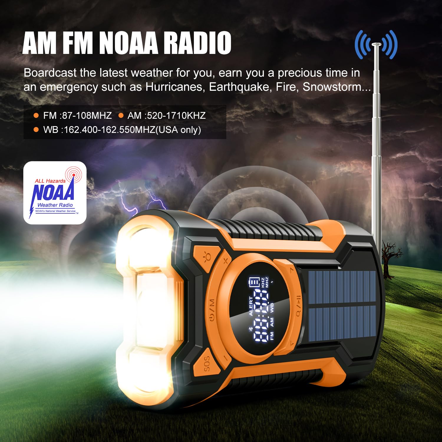 Emergency Radio Hand Crank Solar 5000Mah, Ip65 Waterproof Dustproof Bluetooth 5.3 Portable Am/Fm/Noaa Weather Alert Radio With F