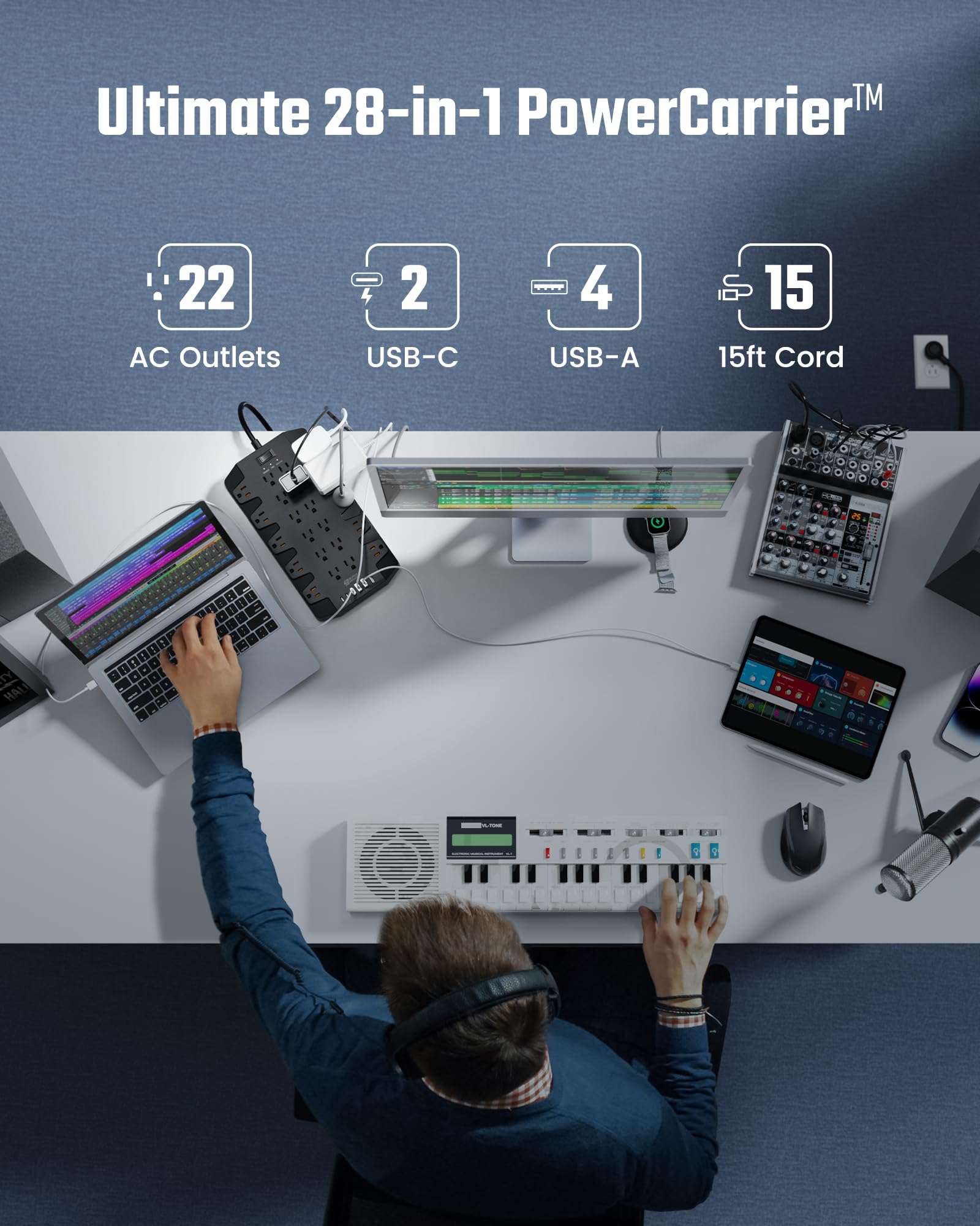 15 Ft Extension Cord Power Strips With Surge Protection, Superdanny Surge Protector With 22 Outlets, 2 Usb C And 4 Usb A, 2100J,