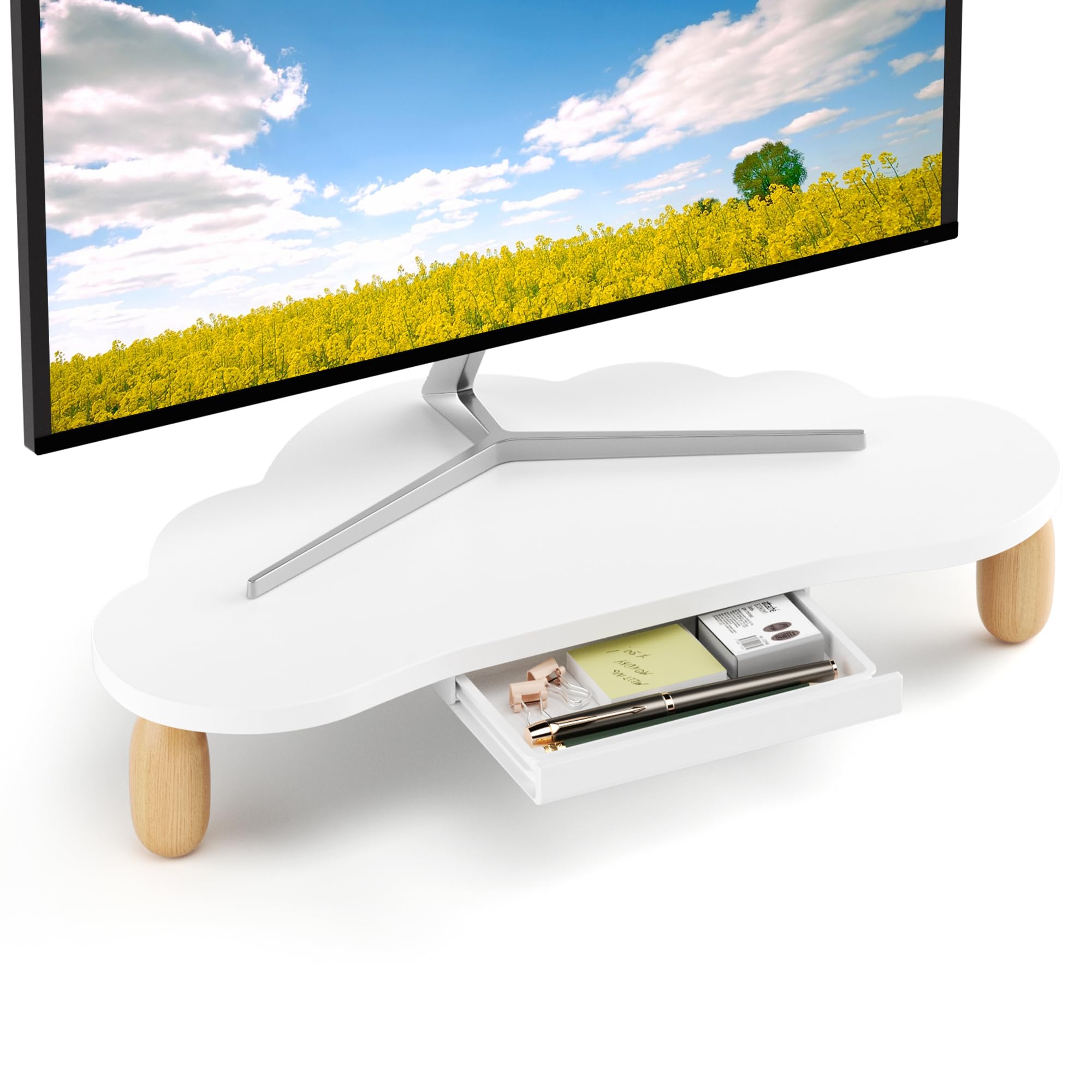 Afooyo Monitor Stand Riser,Cloud Shaped Sturdy Wood Computer Monitor Stand Wirh Drawer, Monitor Stand Riser, Multi Purpose Deskt