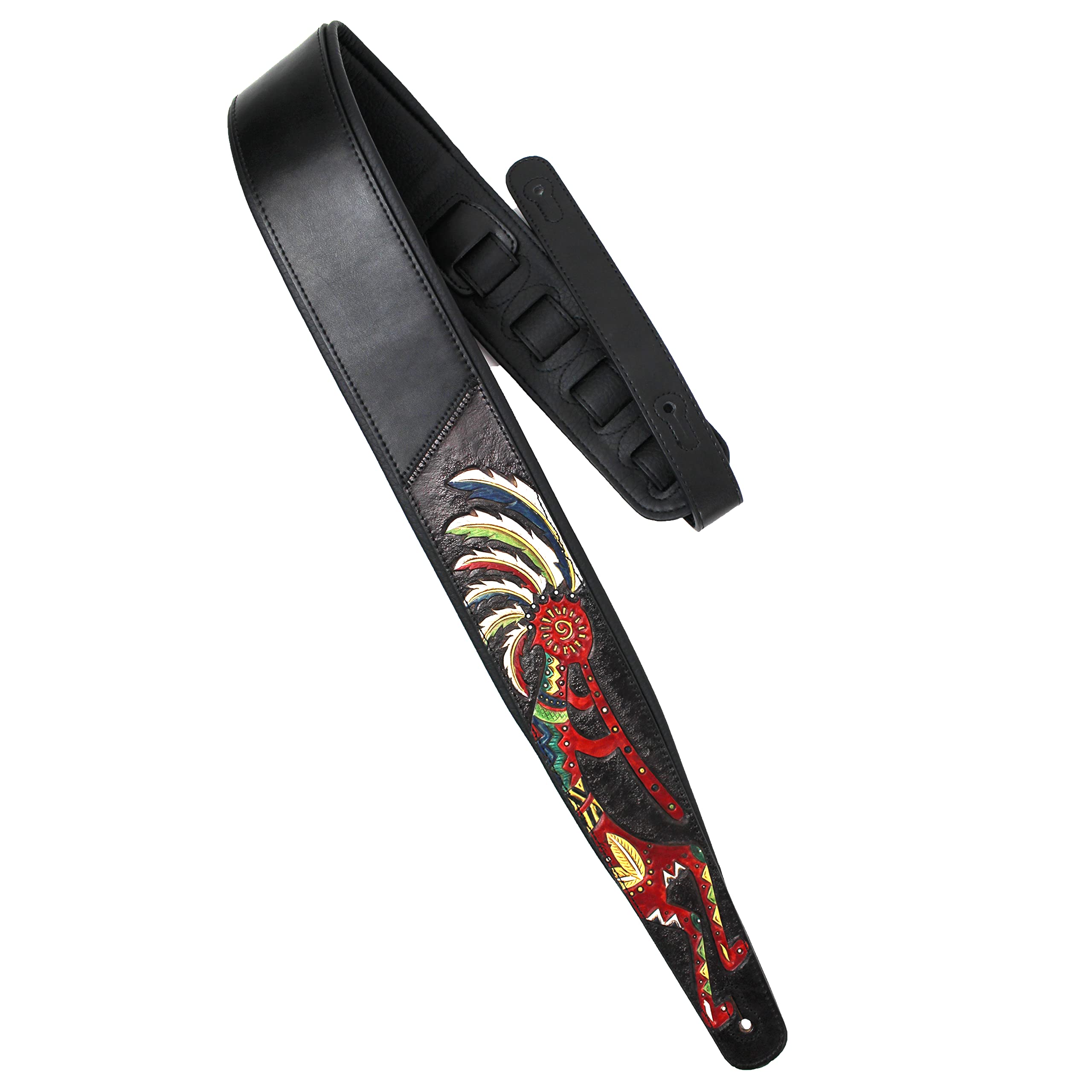 Walker And Williams Kb 56 Blk Handmade 3'' Wide Black Padded Guitar Strap With Carved Red Kokopelli Design On Premium Black Leat