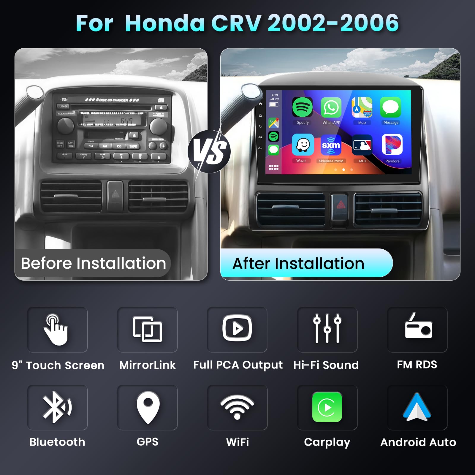Car Stereo Radio For Honda Crv 2002 2003 2004 2005 2006 With Wireless Carplay Android Auto Podofo 9Inch 1080P Ips Touch Screen Bluetooth Car Radio With Gps Wifi Hifi/16Eq Fm/Rds Ahd Backup Camera