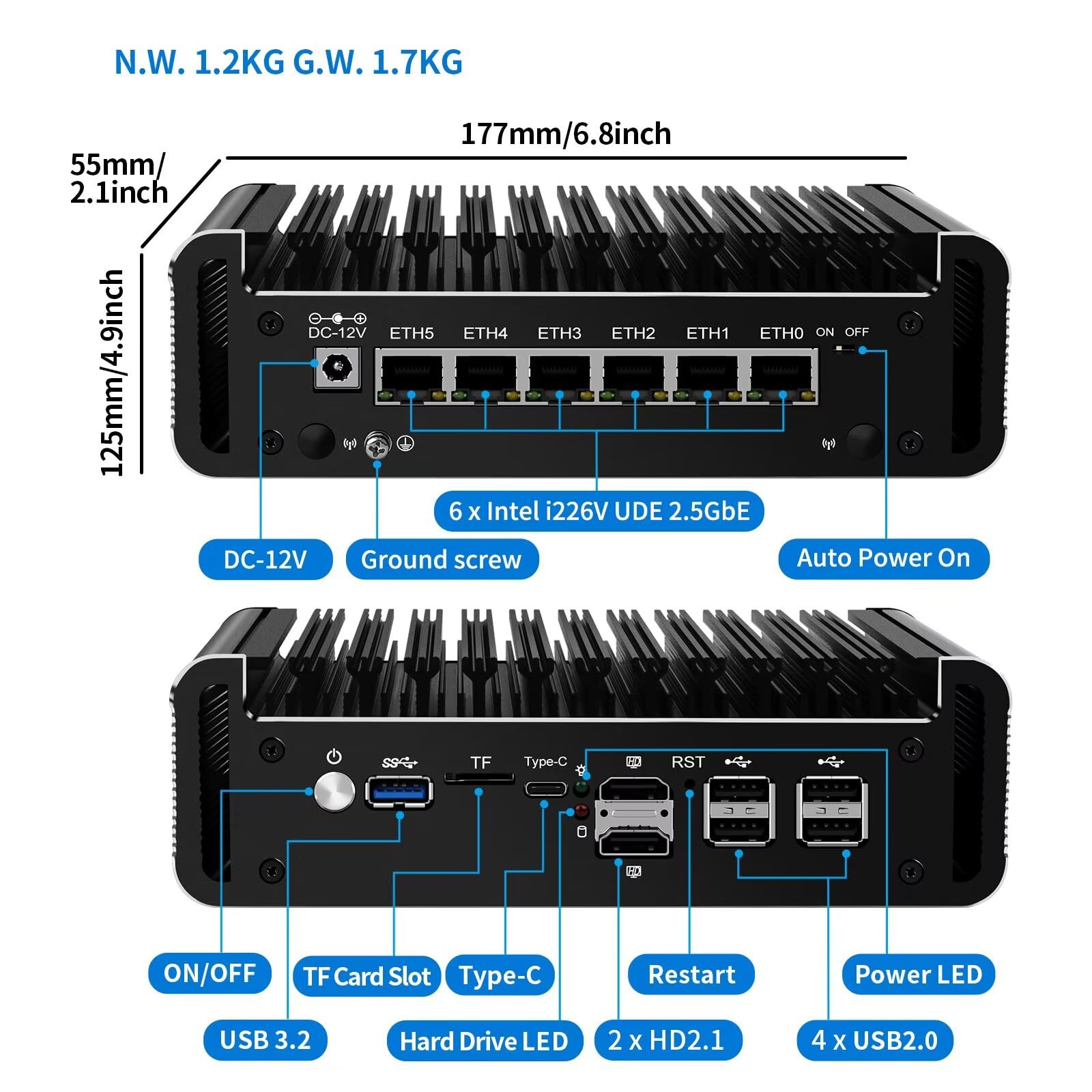 Glovary Firewall Mini Pc Quad Core N150, Ddr5 8Gb Ram 128Gb Nvme Ssd, 6 X 2.5Gbe I226V Lan Fanless Computer Hardware, Micro Rout