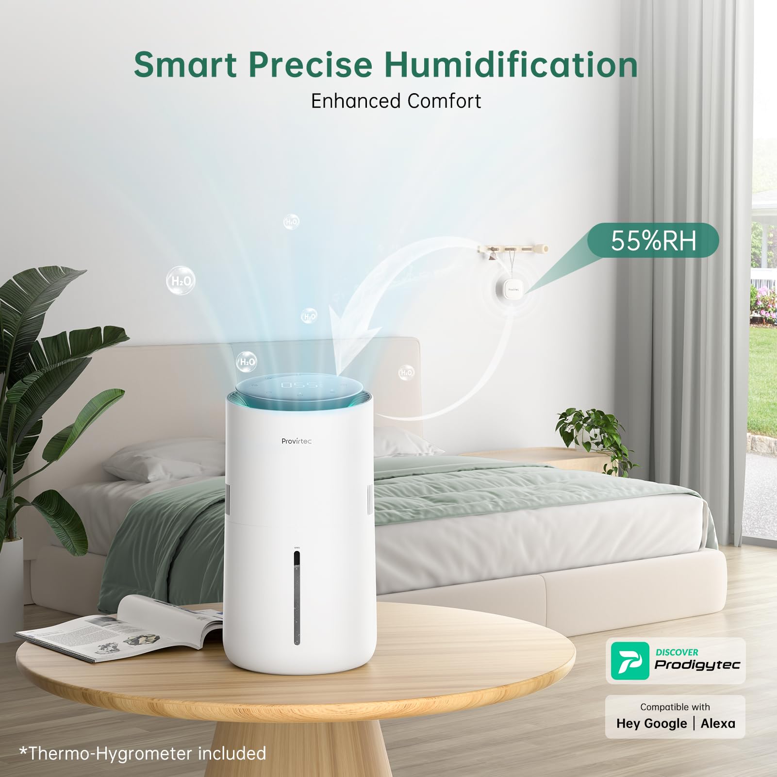 Provirtec Mistfree Smart Humidifier For Bedroom, Evaporative Humidifier No White Dust, Auto Humidity & App Control, 3L Water Tan
