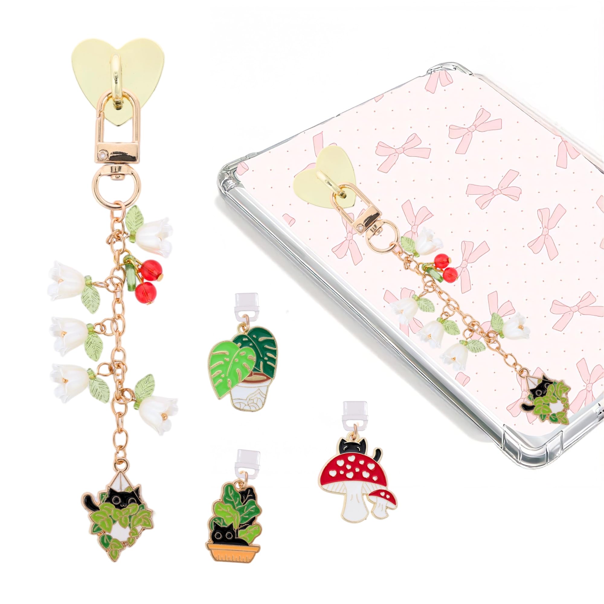 TAKEALOOKO Dust Plug Charm Chains Set for Kindle - 4Pcs Cute Black Cat Plants E-Reader Phone Charms Type C Dustplug & Bracelet S