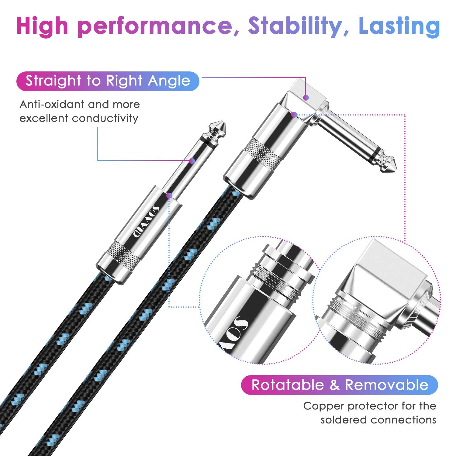 Sovvid 10Ft 2 Pack Instrument Cable - Electric & Bass Guitar, Keyboard, Amp Cord - 1/4 Inch Right Angle Black & Blue