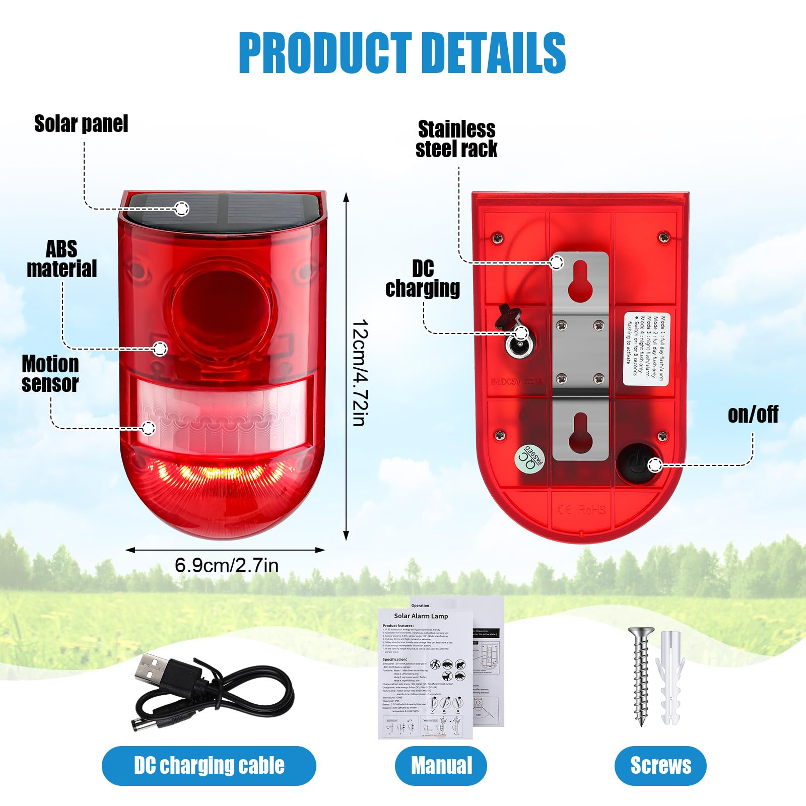 Qualirey Solar Sound And Light Alarm Motion Sensor 129Db Outdoor Dog Baking Security Siren Waterproof Motion Activated Detector