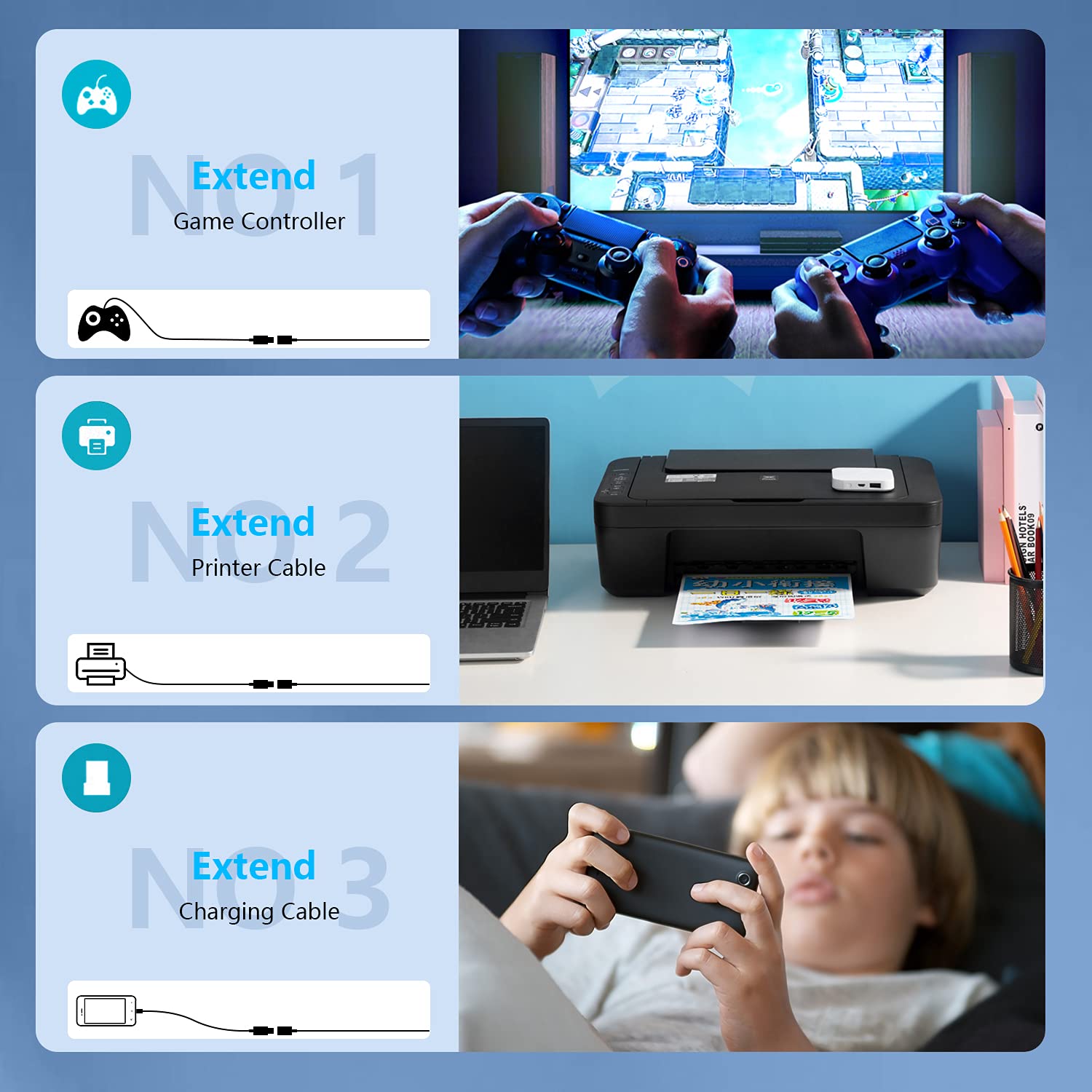 Hisatey 20FT USB Extension Cable, Grey Nylon Braided USB 3.0 Extender for Webcam, Camera, Phone, Mouse, Keyboard, Printer and More