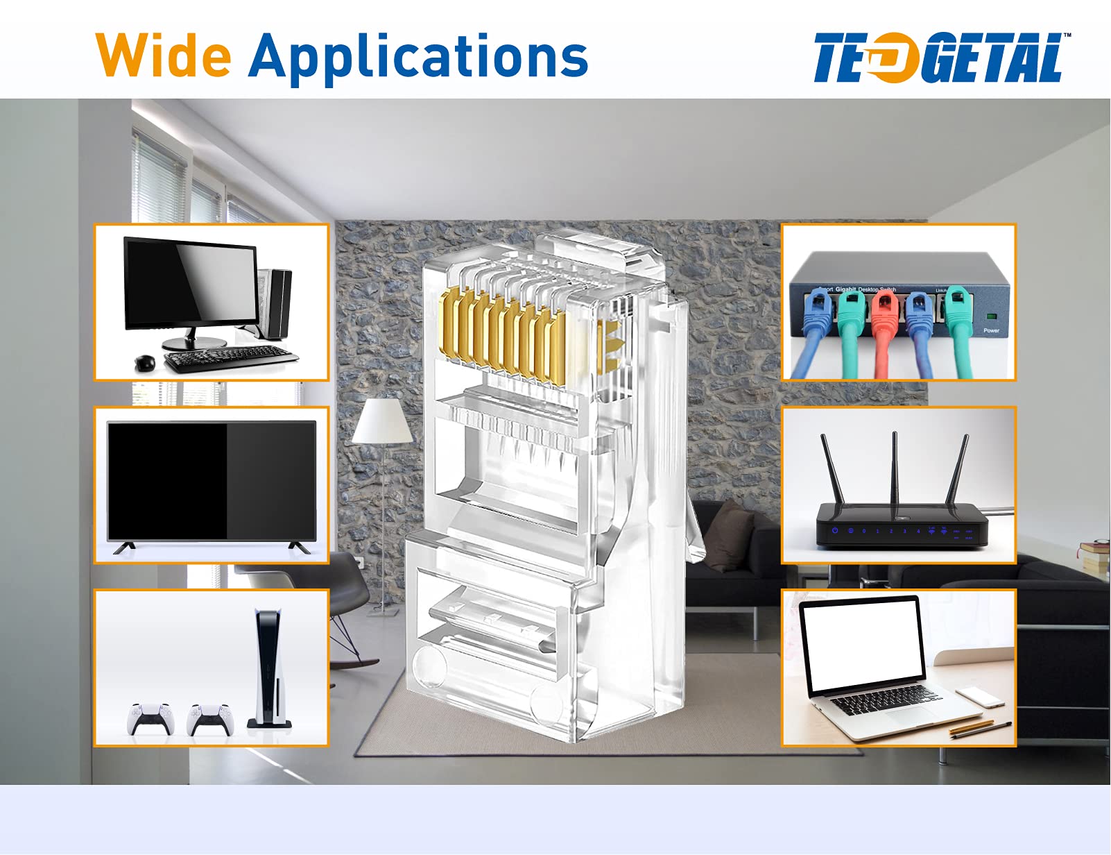 Tedgetal Rj45 Cat5E Connectors 100 Pack Cat5 Ends 8P8C Ethernet Pass Through Plug Gold Plated