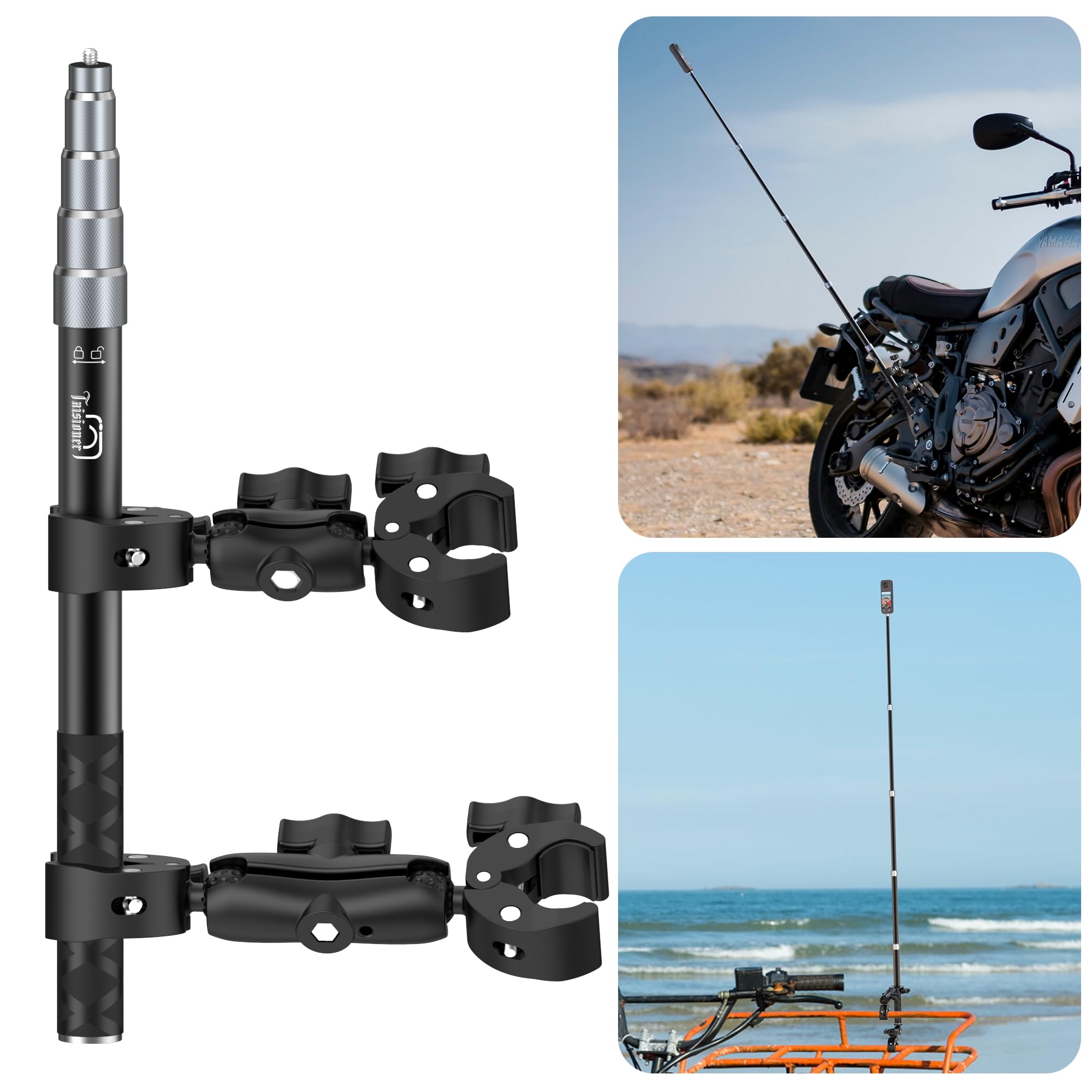 Taisioner Motorcycle Bike Handlebar Double Clamp Mount With 59' Invisible Selfie For Insta360 X4/X3/X2/Xone/Go2/3(Locking Anti Fall Version)