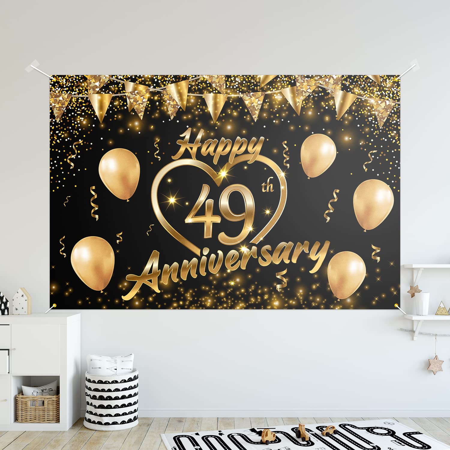 Happy 49Th Anniversary Backdrop Banner Decor Black Gold   Glitter Love Heart Happy 49 Years Wedding Anniversary Party Theme Deco