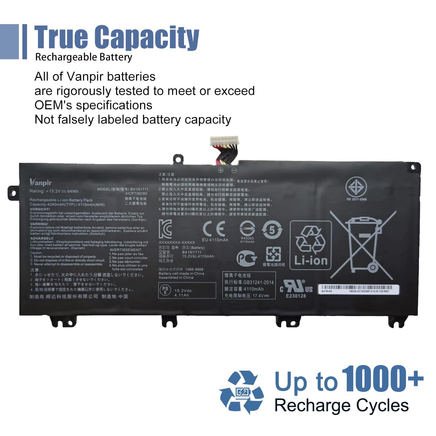 Vanpir B41N1711 Laptop Battery, 15.2V 64Wh 4240Mah Compatible With Asus Fx503Vm Fx63Vd Fx63Vm Gl703Ge Es73 Gl703Vd 1A Rog Strix