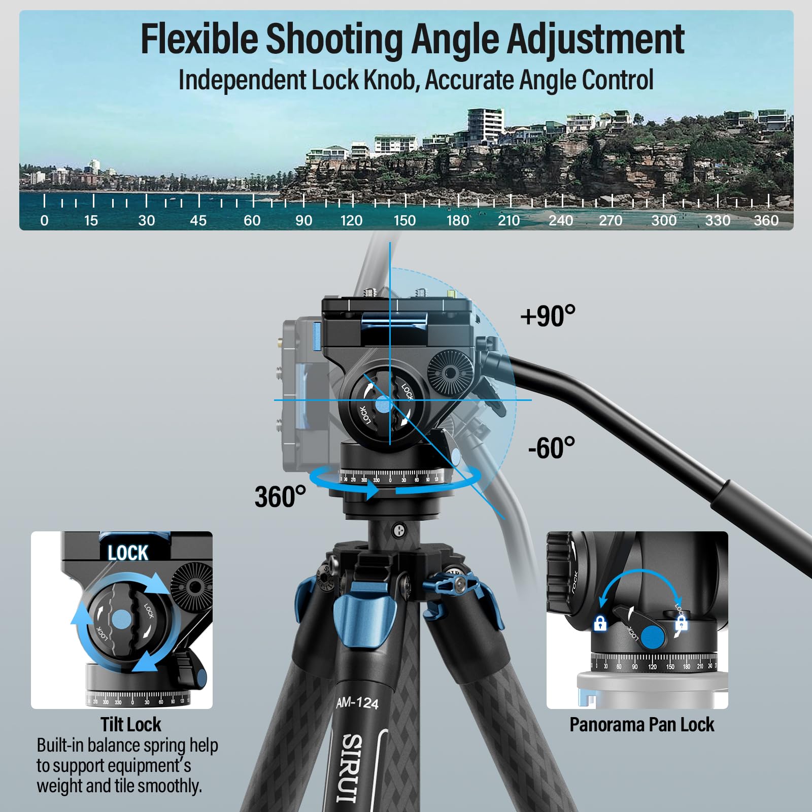 Sirui Am 124 Carbon Fiber Tripod With Am 5Vx Fluid Head, 65.6� Compact Video Camera Tripod For Travel, Triangular Center Column, Side Loading Qr Plate, Waterproof Twist Lock, Loads 6.6Lbs