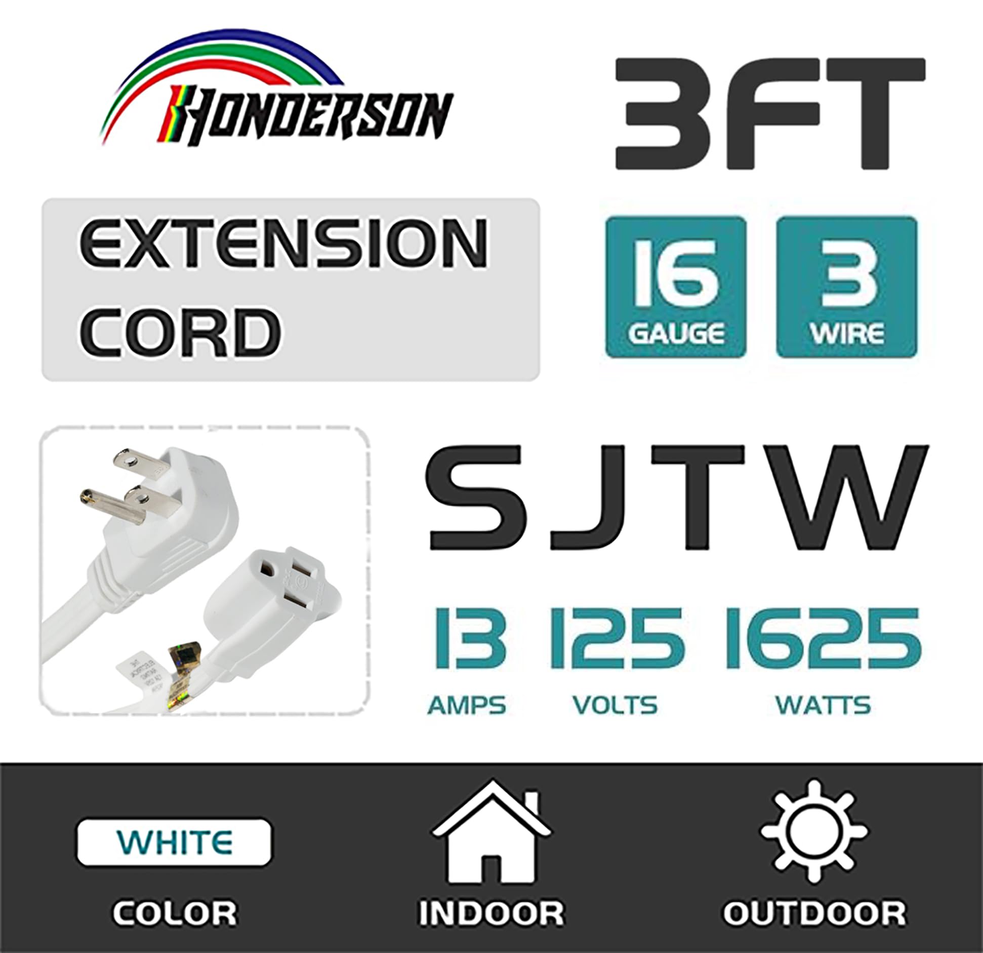 Honderson Flat Plug Extension Cord, Ul Listed, Indoor Extension Cord 16 Gauge 3Ft White, 16/3 Spt 3 13A 3 Prong Grounded Power C