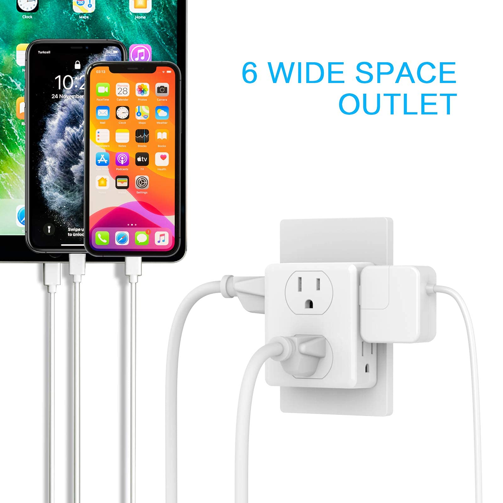 Outlet Extender, Hicity Multi Plug Outlet With 6 Electrical Outlets Adapter, 3 Prong Wall Outlet Tap For Cruise Ship Home Office