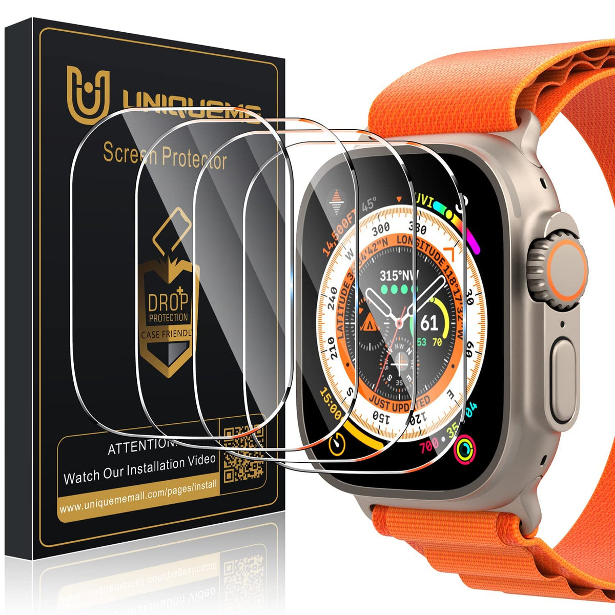UniqueMe for Apple Watch Ultra 2 / Apple Watch Ultra Screen Protector 49mm, Military Grade Shockproof Case Friendly Anti-Scratch Bubble-Free Tempered Glass Clear Cover for iWatch Ultra (4 Pack)