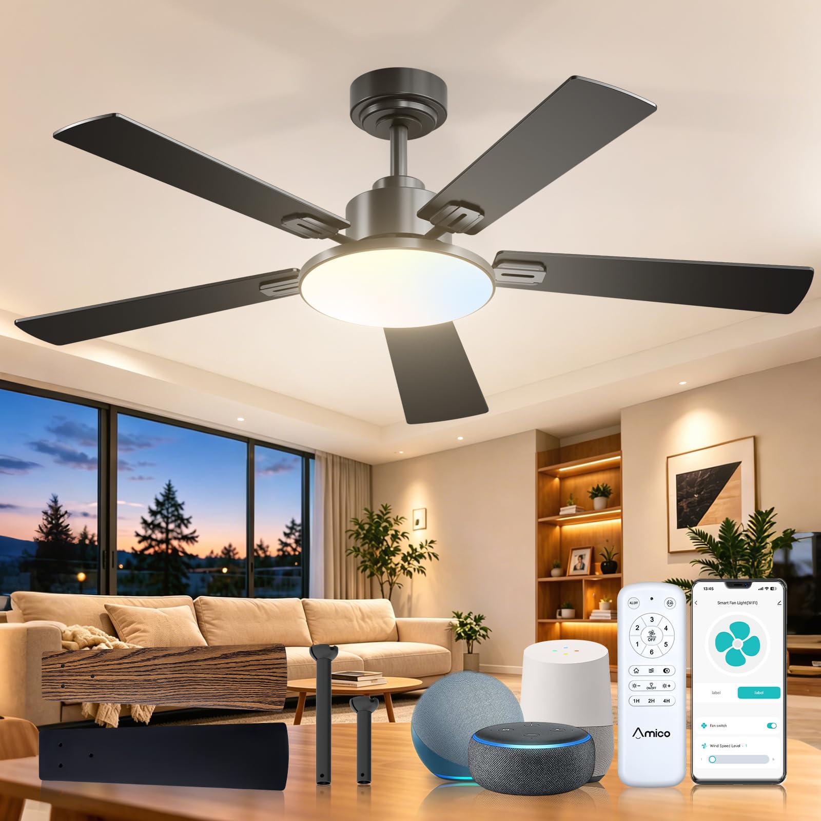 Amico 52 Inch Smart Ceiling Fan with Lights, Remote/App/Alexa/Google Control, WiFi Modern Downrod Mount Ceiling Fan, Reversible 