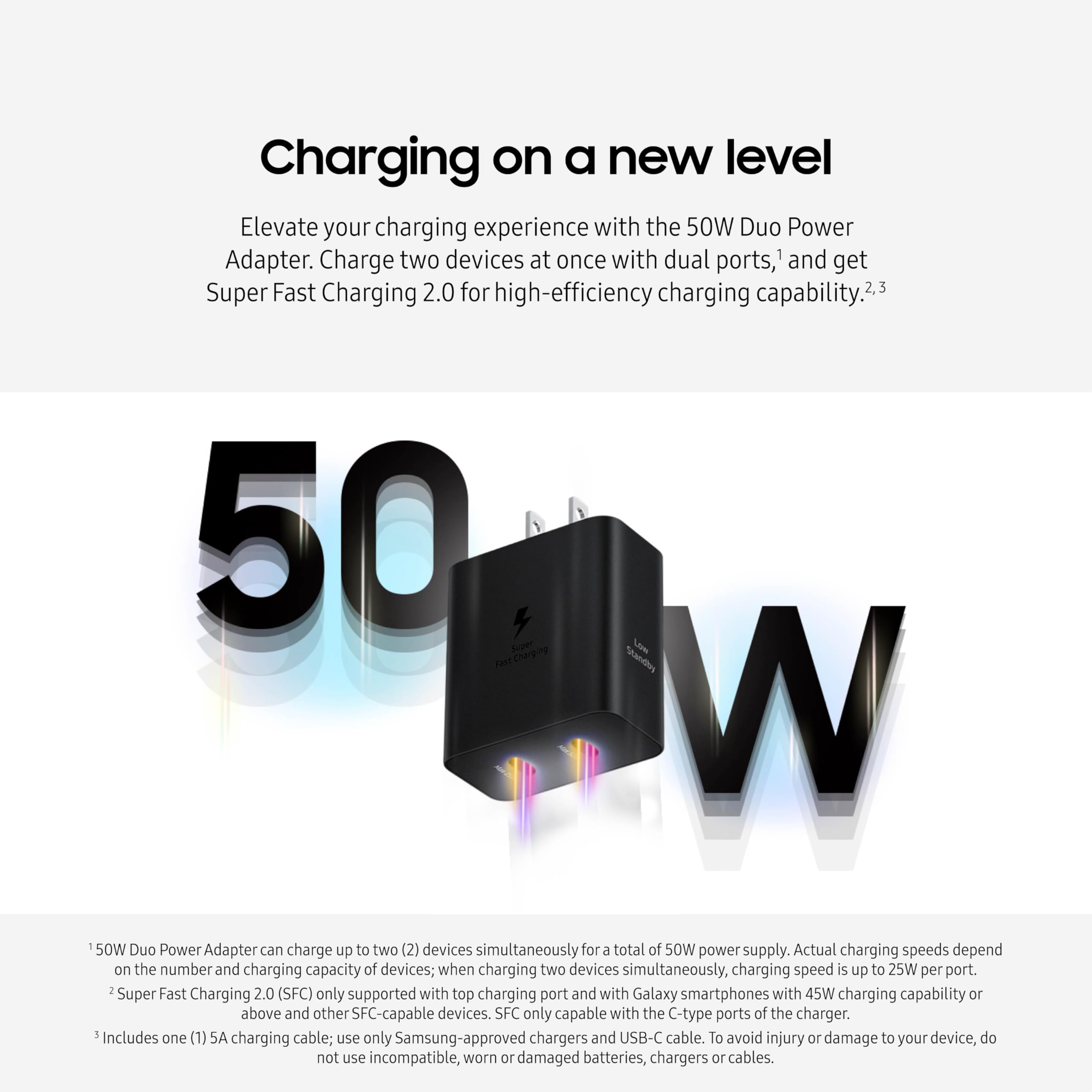 SAMSUNG 50W Duo Power Adapter Wall Charger, 2 Ports, Super Fast Charging 2.0, USB Type C, Black, EP-T5020XBEGUS