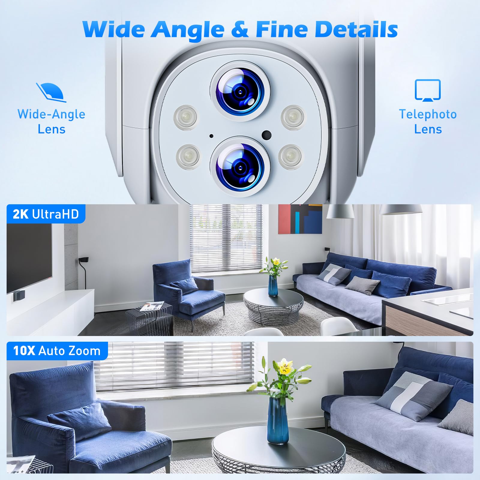 2K Security Camera Wireless Outdoor With Alexa, Dual Lens Camera For Home Security, 360 Ptz Camera, 2.4G Wifi Camera With Color