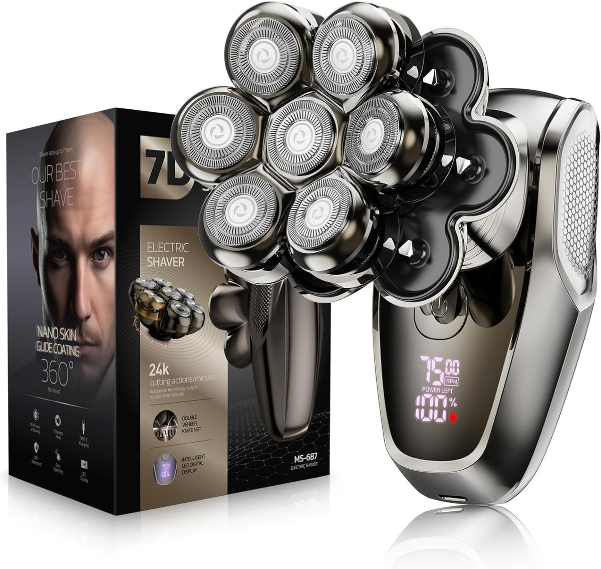 7D Head Shavers For Bald Men, Shpavver Detachable Head Shaver Led Display Dry Wet Bald Head Shavers, Ipx7 Waterproof Head Shaver