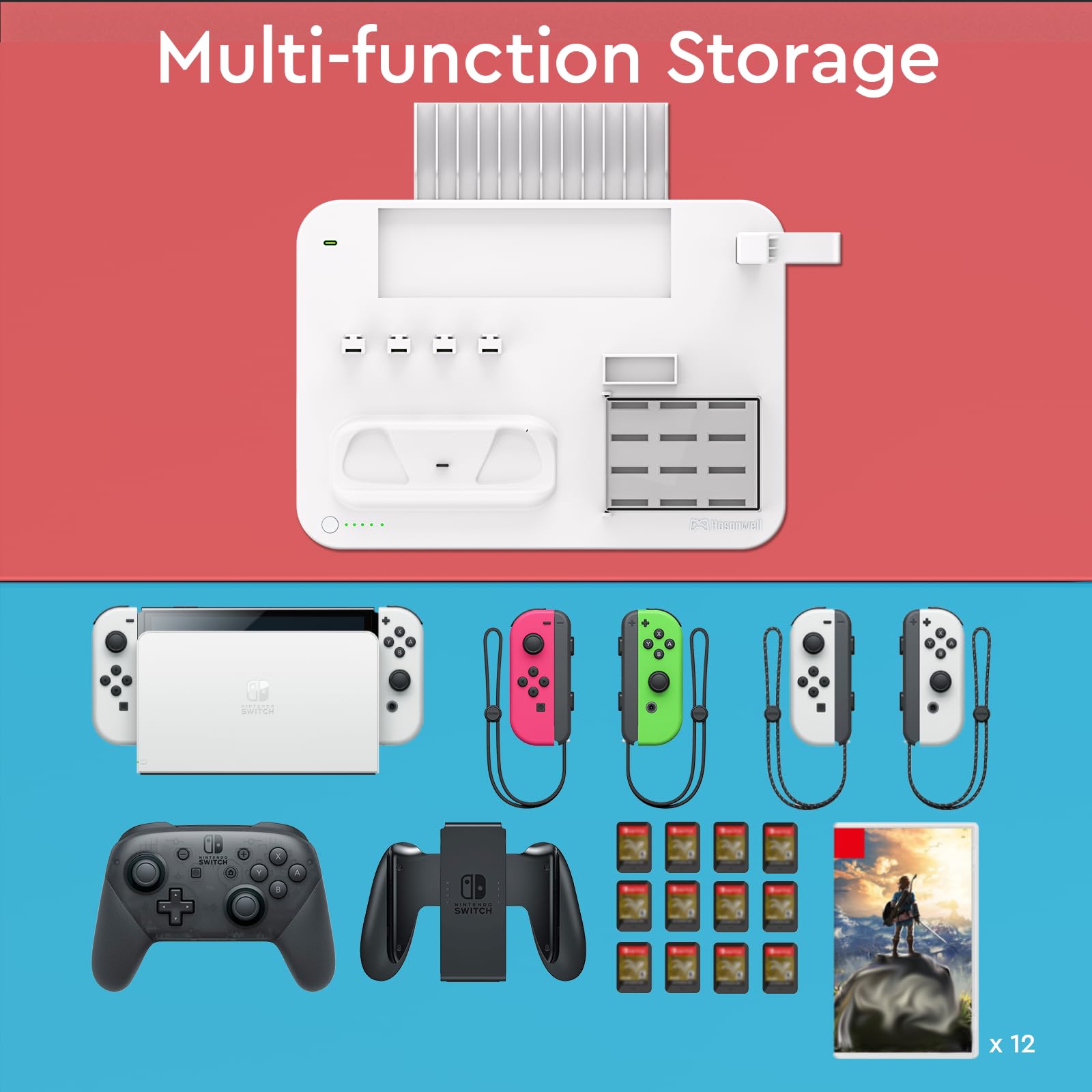 Hosanwell Switch Controller Charging Dock Station With Rgb Light, Switch Game Organizer Station For Nintendo Switch & Oled Joyco