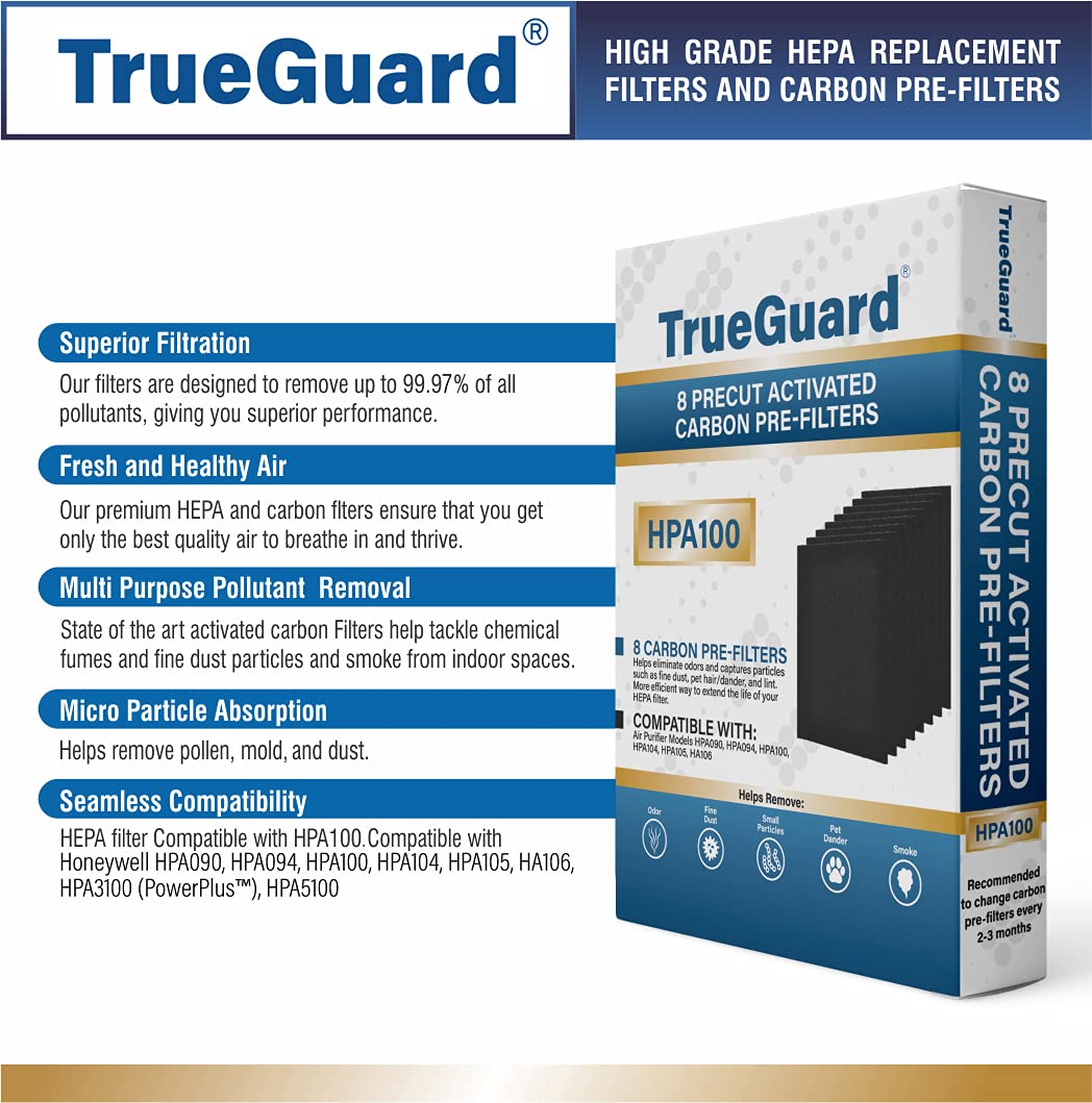Trueguard Air Purifier Replacement Pre Filters For Hpa100 Series | 8 Pack Of Pre Cut Activated Carbon Prefilters | Precision Fit